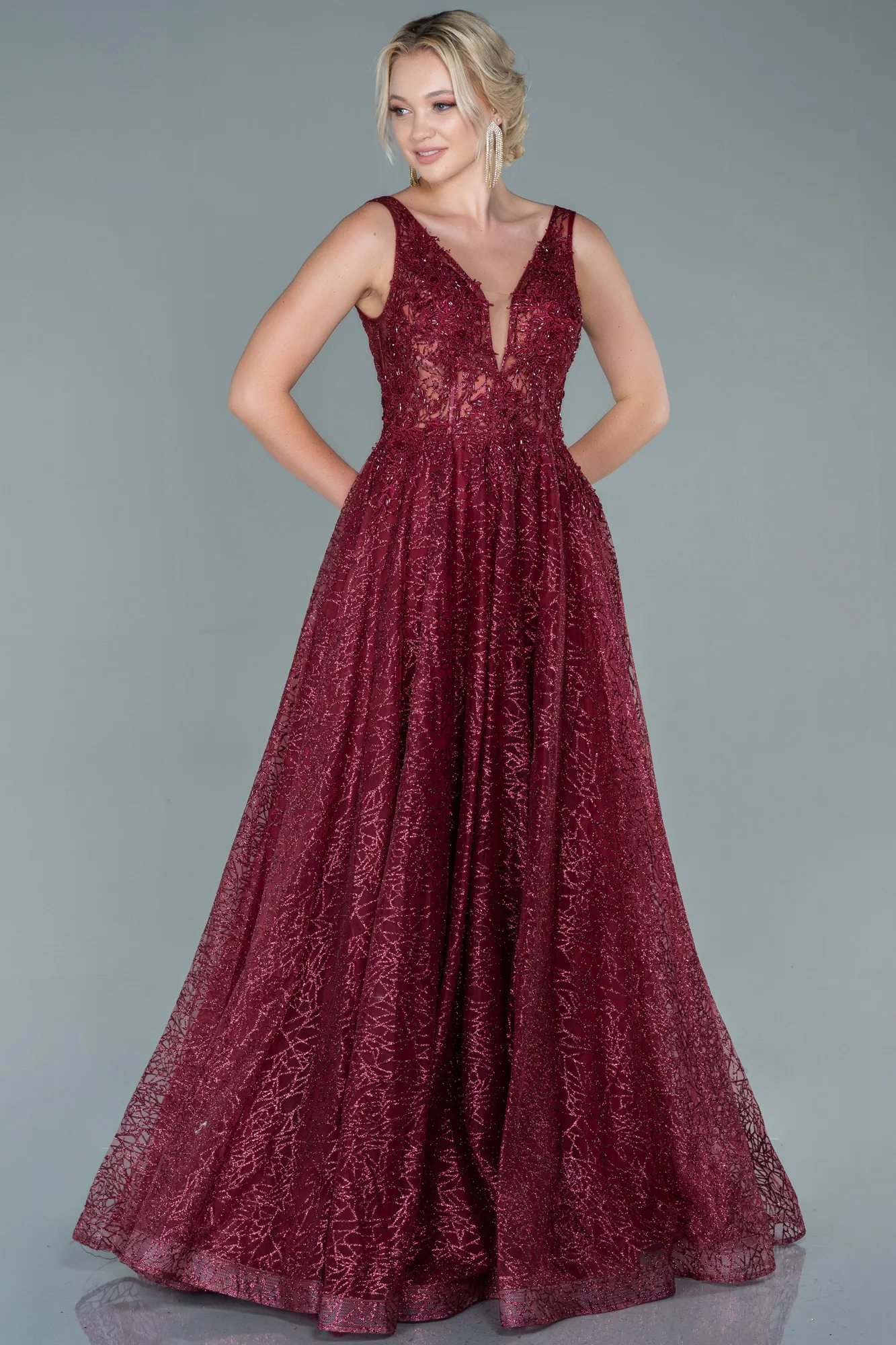 Burgundy-Embroidered Bodice Dusty Rose Tulle Evening Gown ABU2131