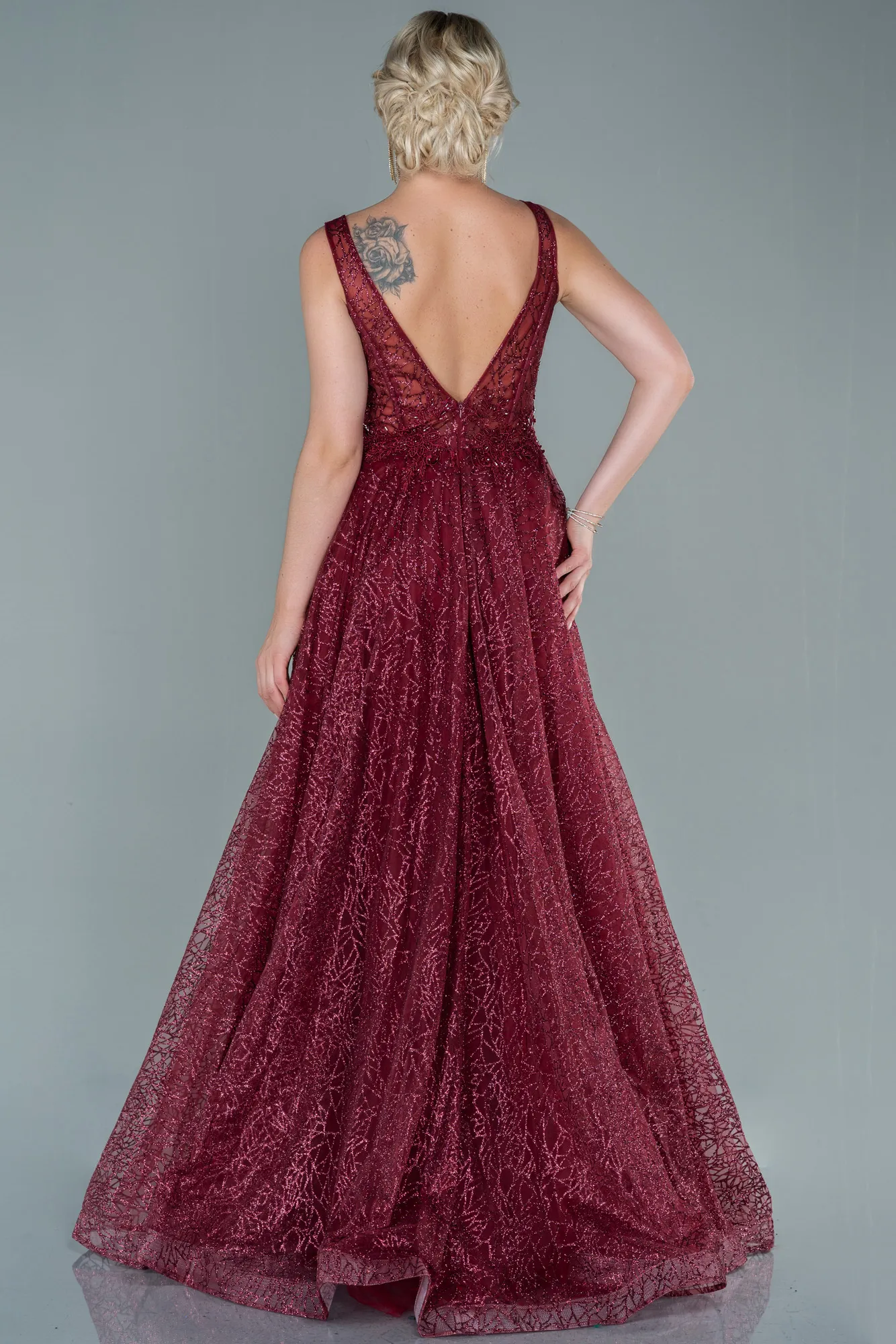 Burgundy-Embroidered Bodice Dusty Rose Tulle Evening Gown ABU2131