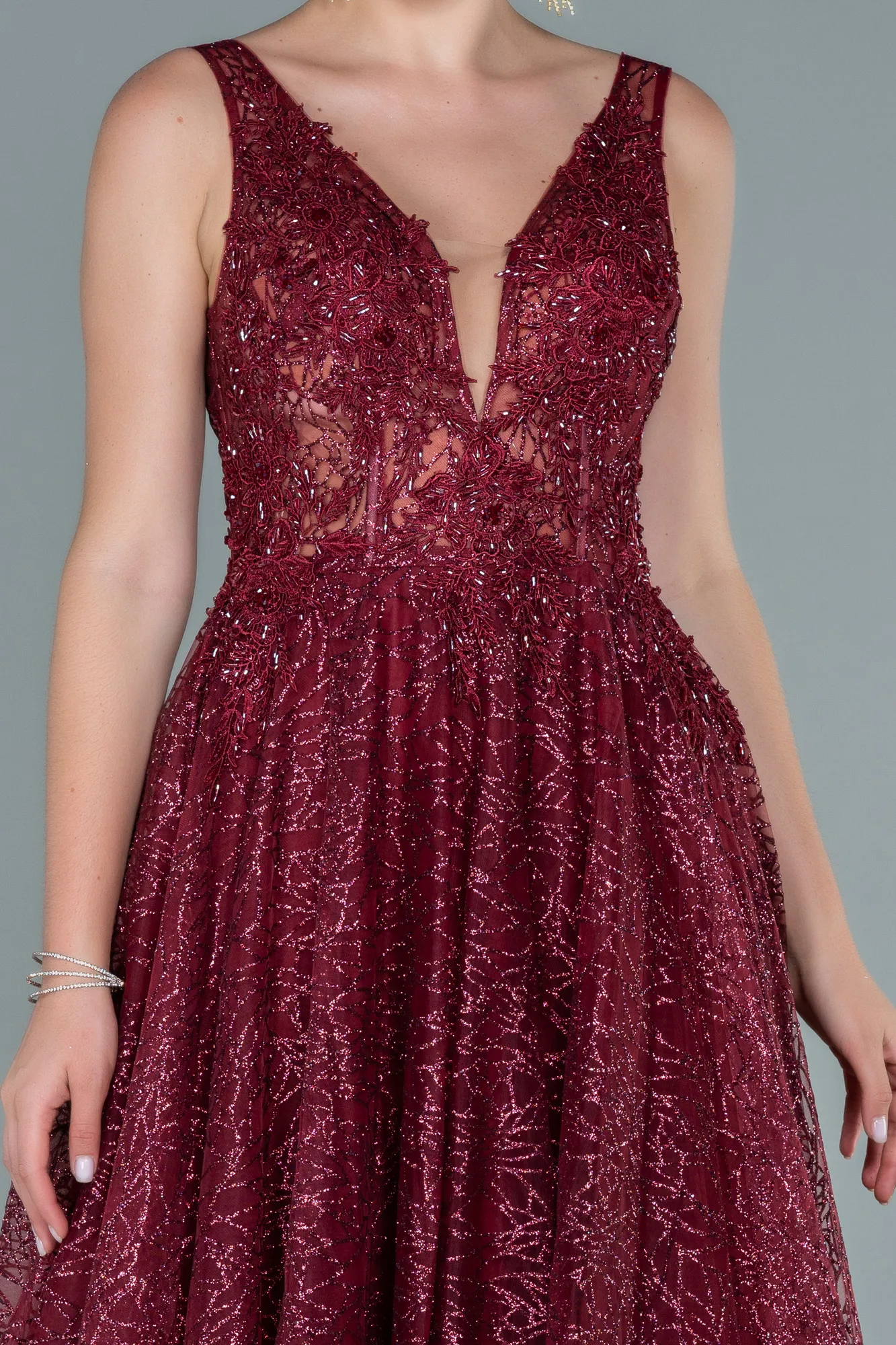 Burgundy-Embroidered Bodice Dusty Rose Tulle Evening Gown ABU2131