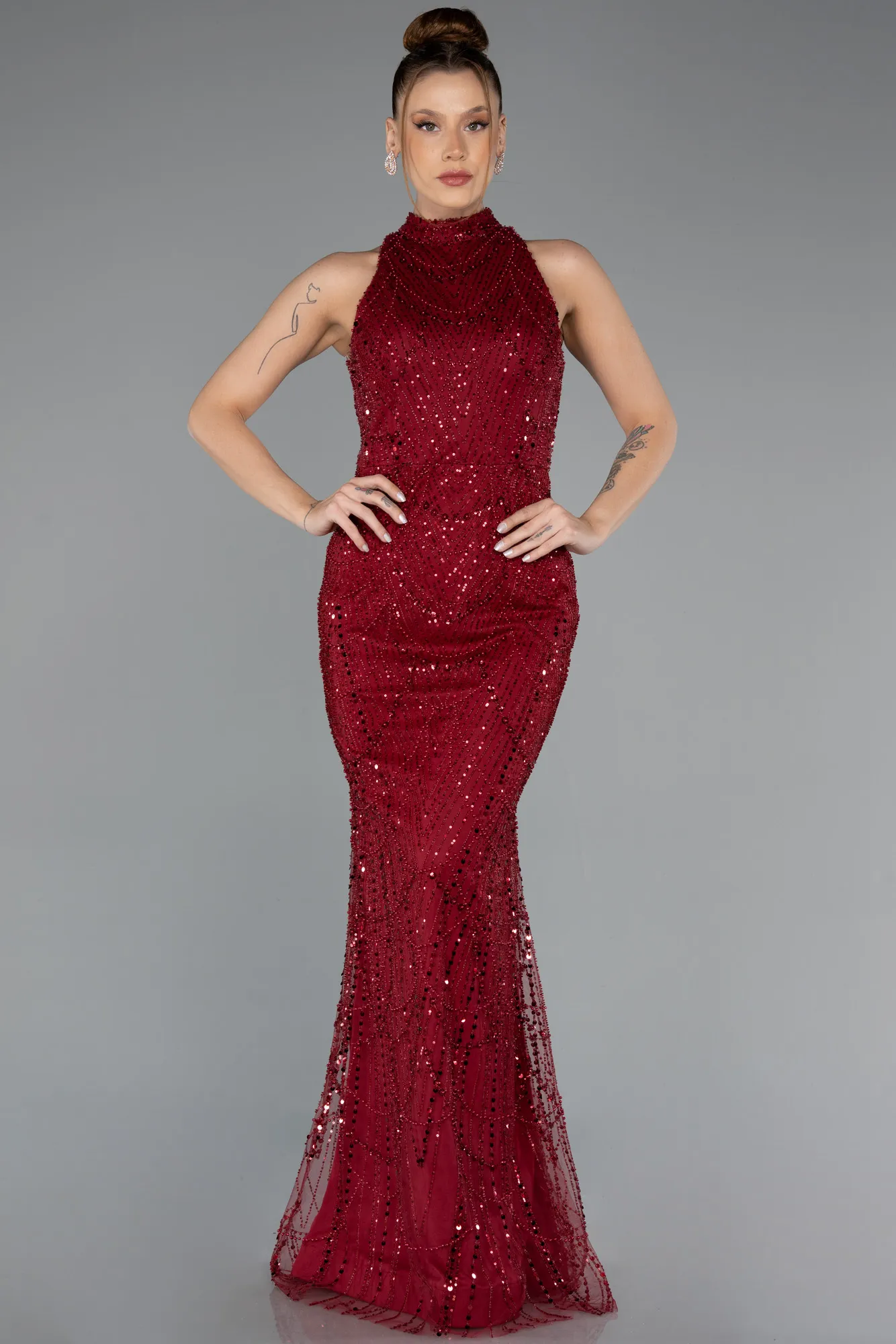 Burgundy-Halter Neck Long Beaded Mermaid Evening Gown ABU4791