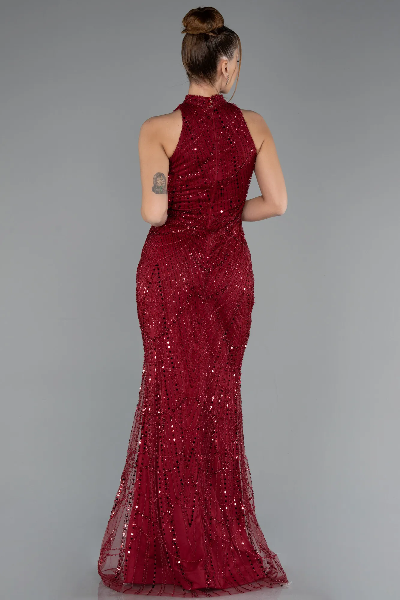 Burgundy-Halter Neck Long Beaded Mermaid Evening Gown ABU4791