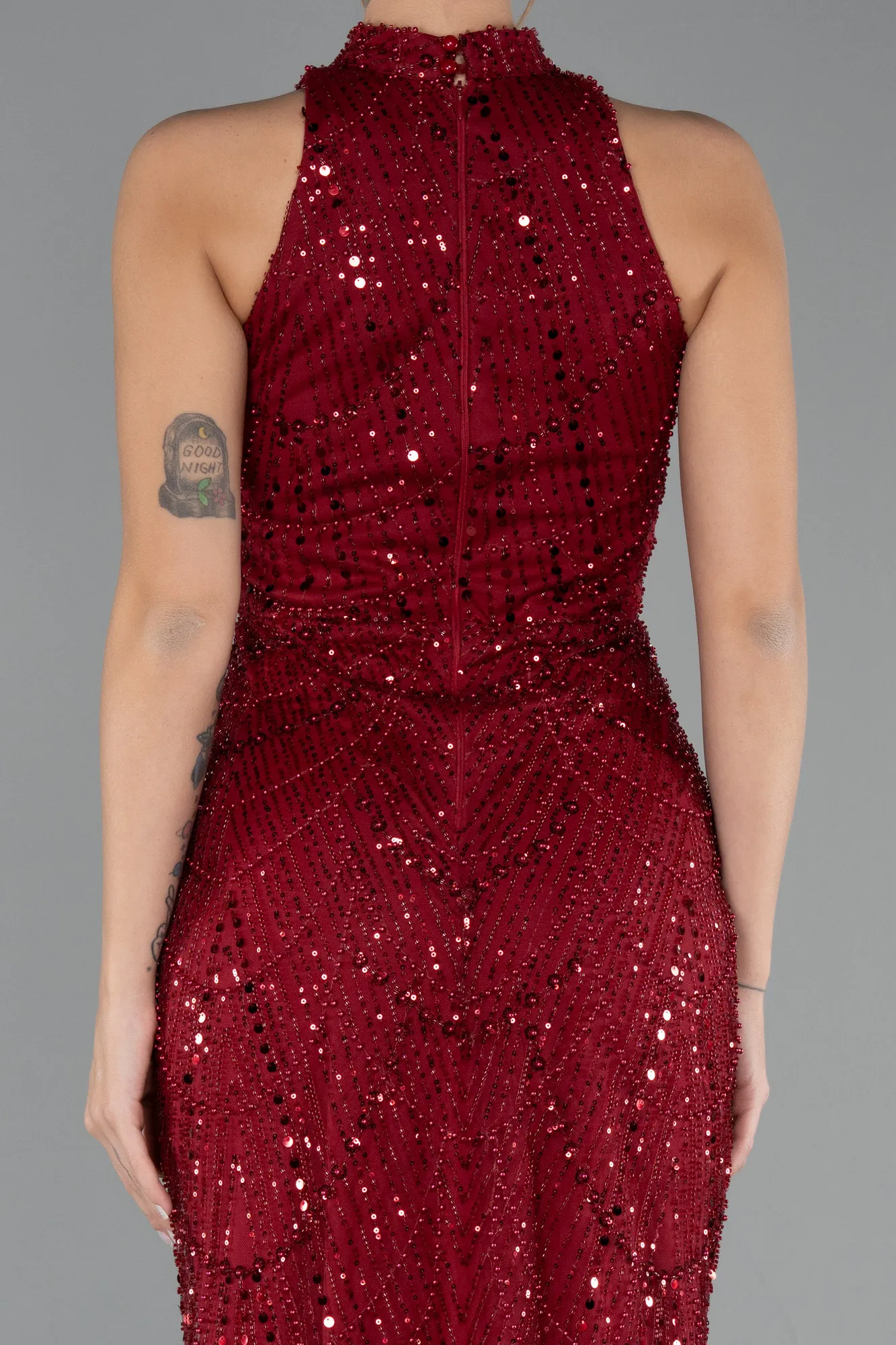 Burgundy-Halter Neck Long Beaded Mermaid Evening Gown ABU4791