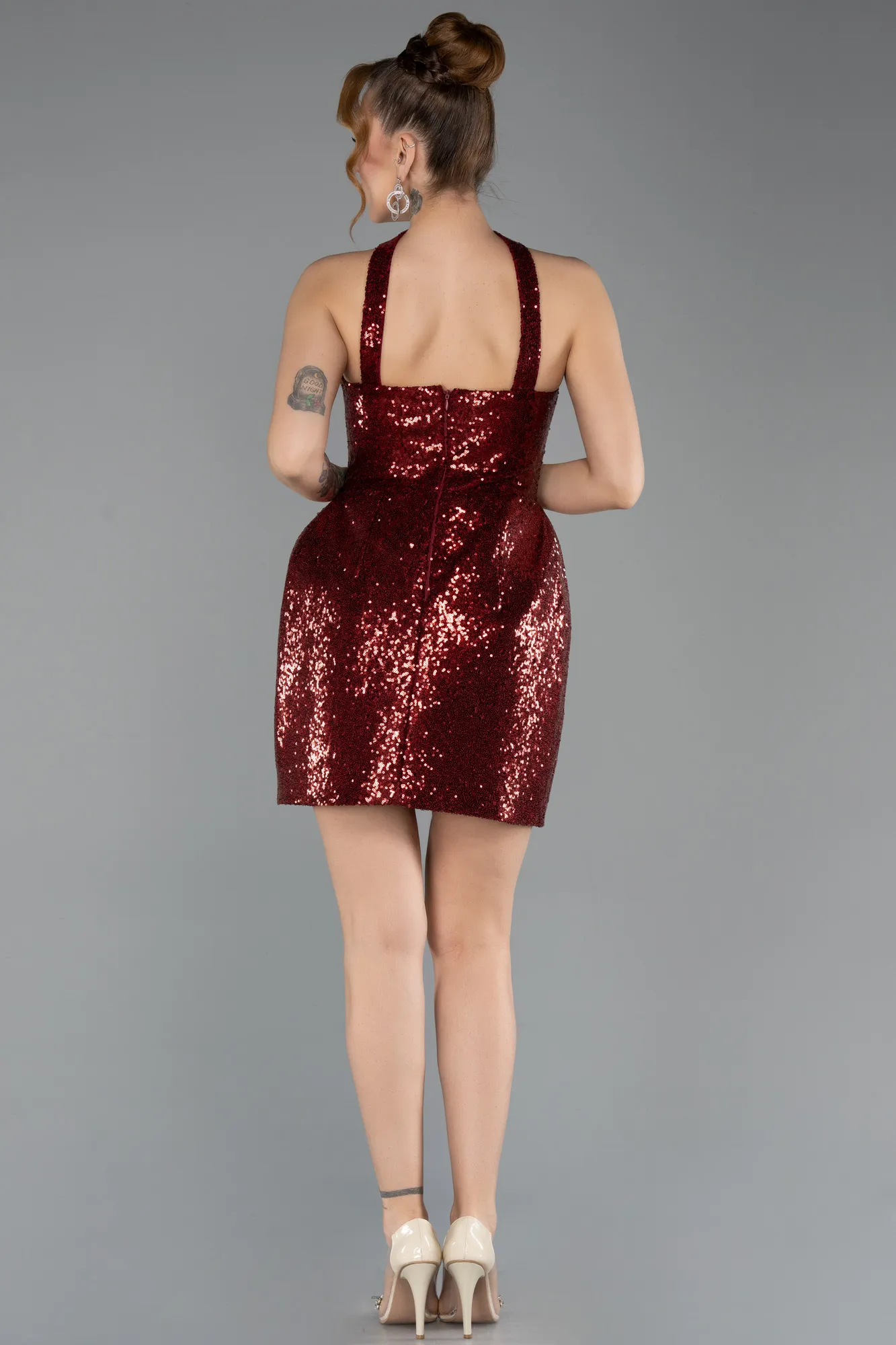 Burgundy-Halter Neck Mini Sequin Party Dress ABK2201