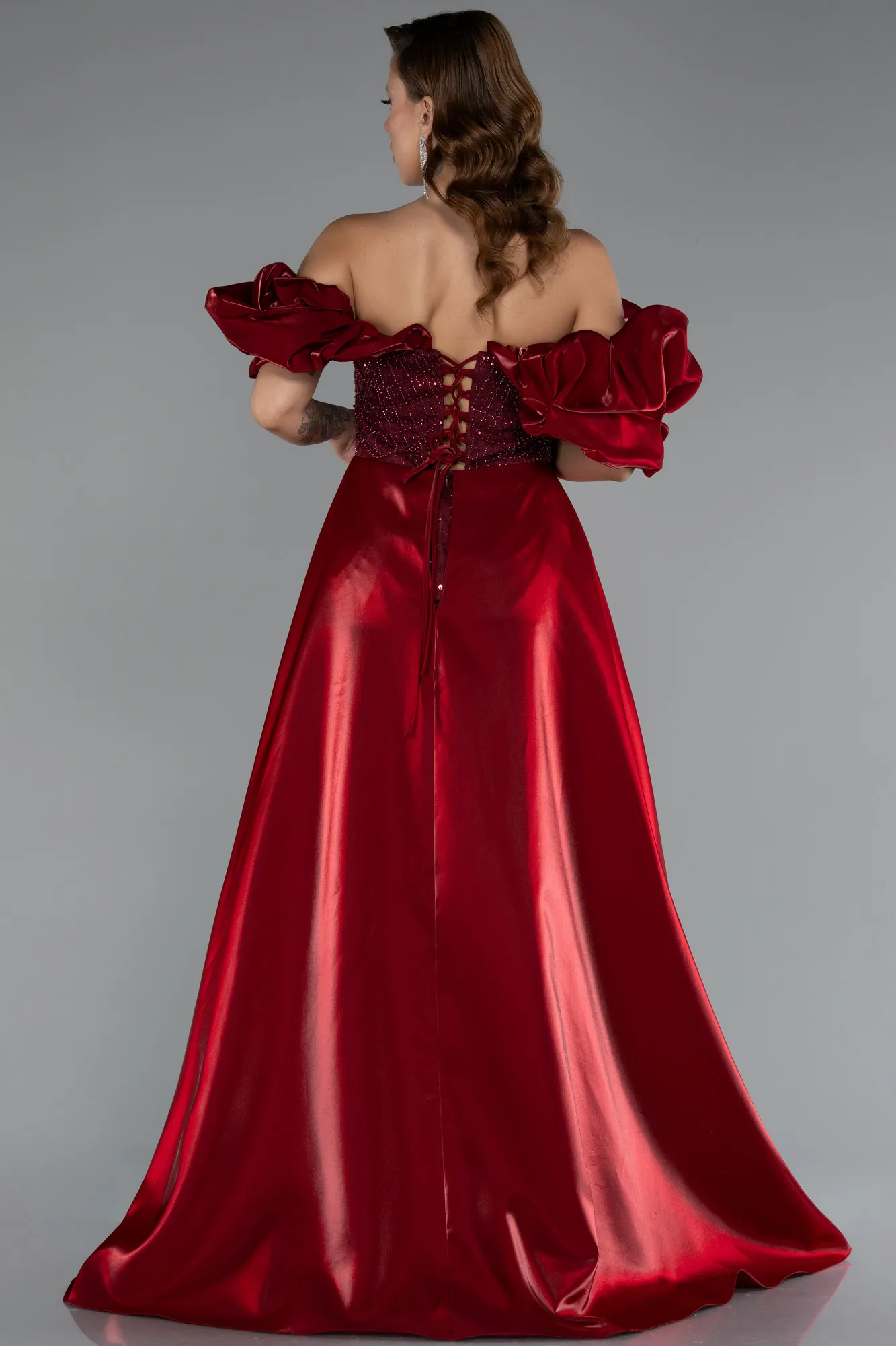 Burgundy-Long Beaded Evening Dress ABU5154
