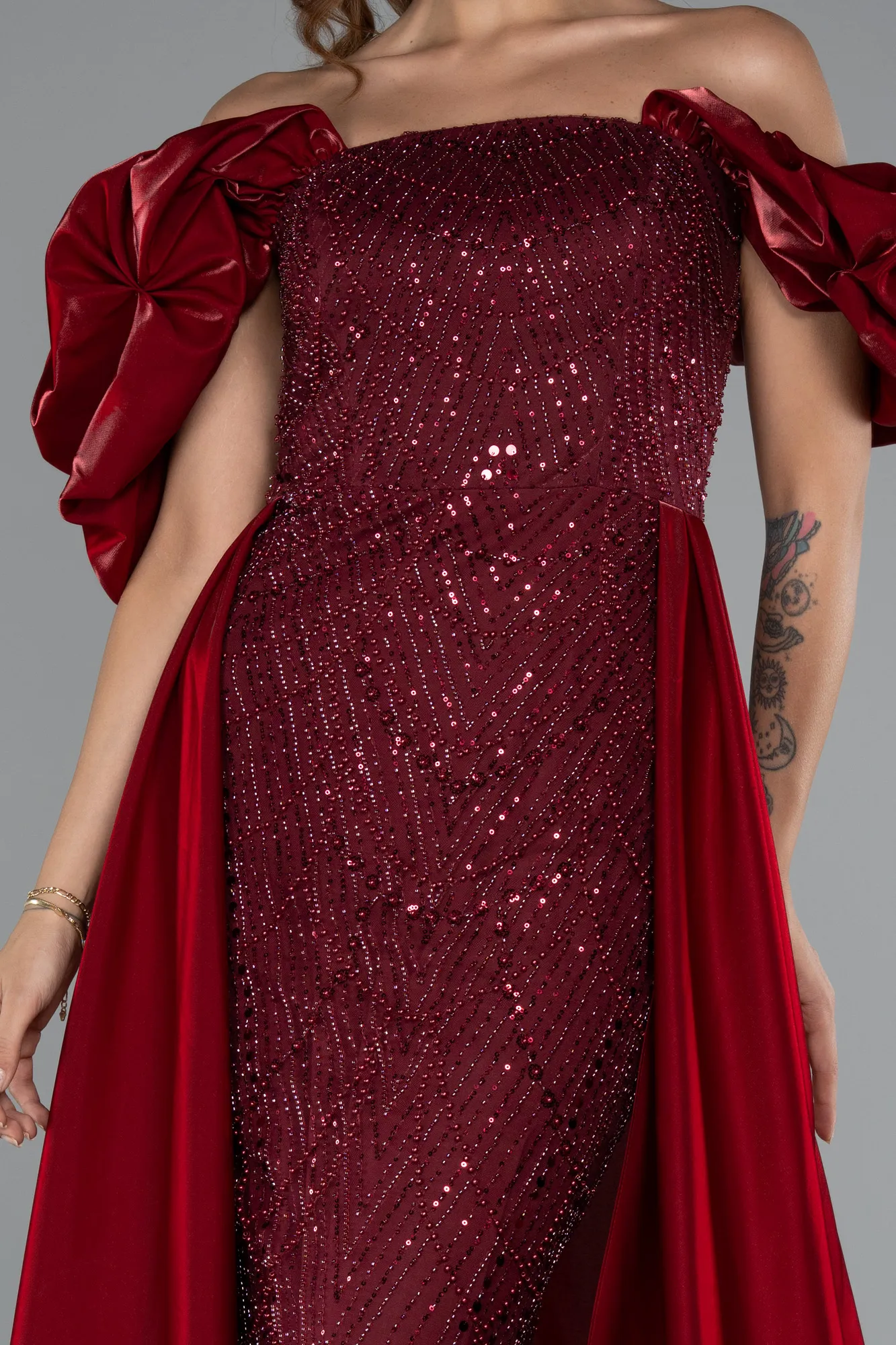 Burgundy-Long Beaded Evening Dress ABU5154