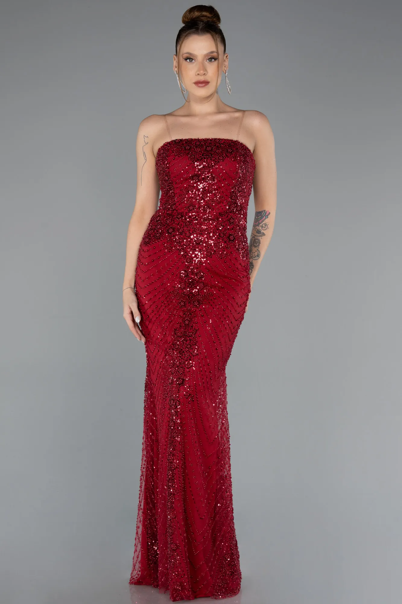 Burgundy-Long Beaded Evening Dress ABU5363