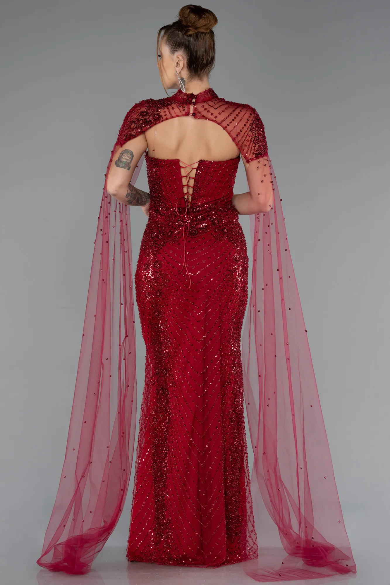 Burgundy-Long Beaded Evening Dress ABU5363