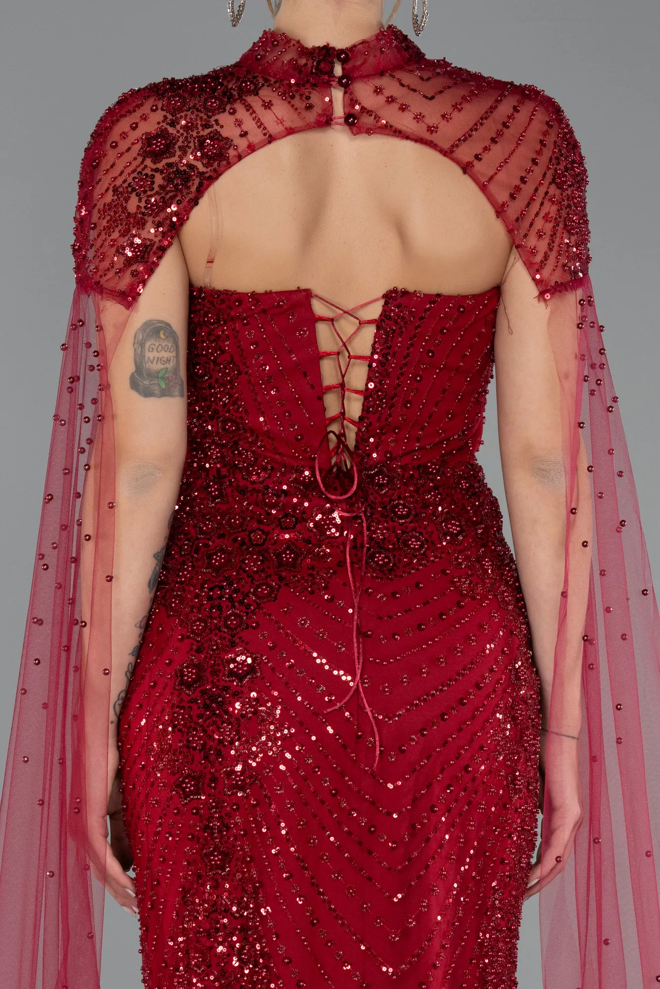 Burgundy-Long Beaded Evening Dress ABU5363