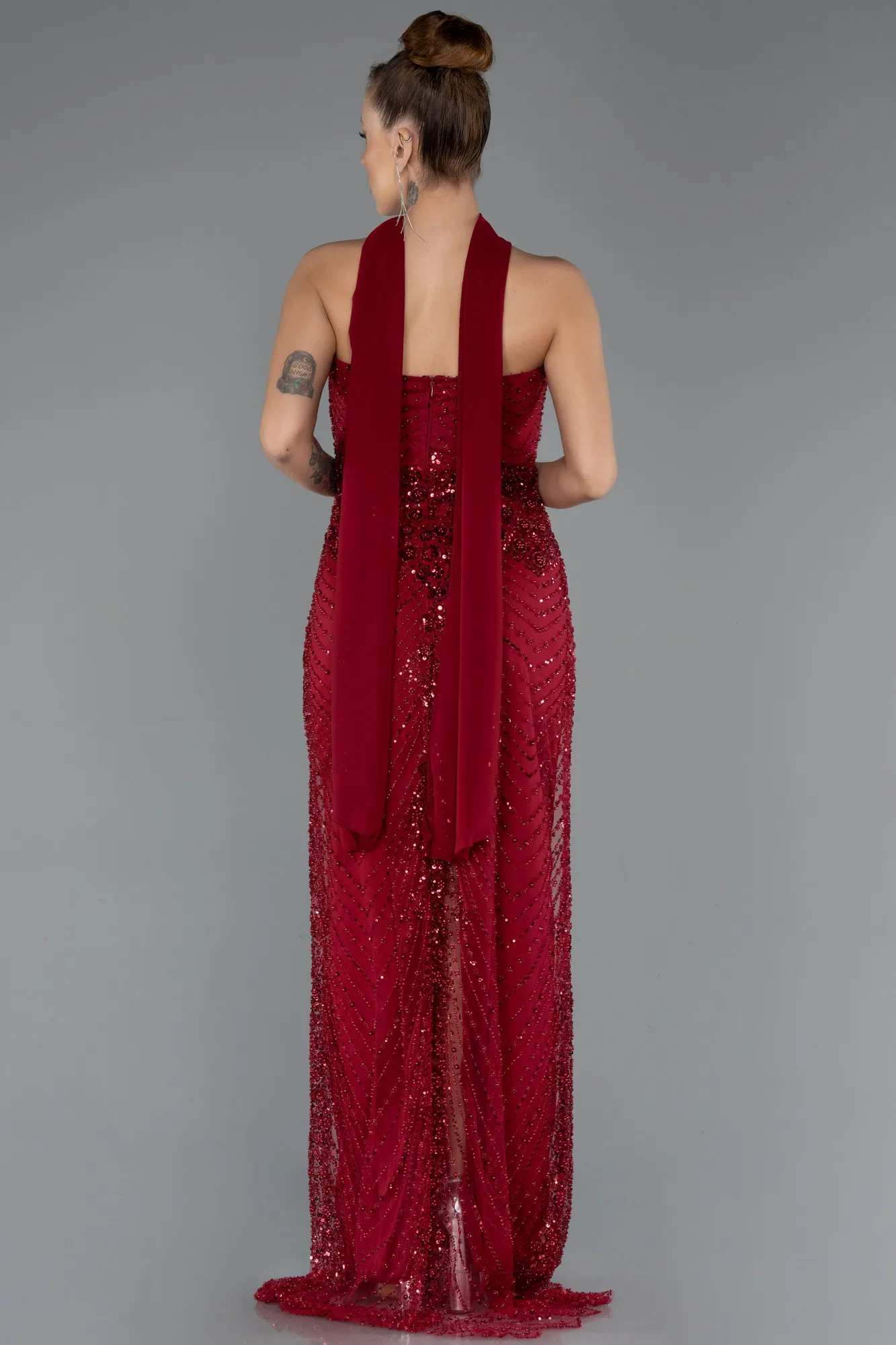 Burgundy-Long Beaded Evening Dress ABU5438