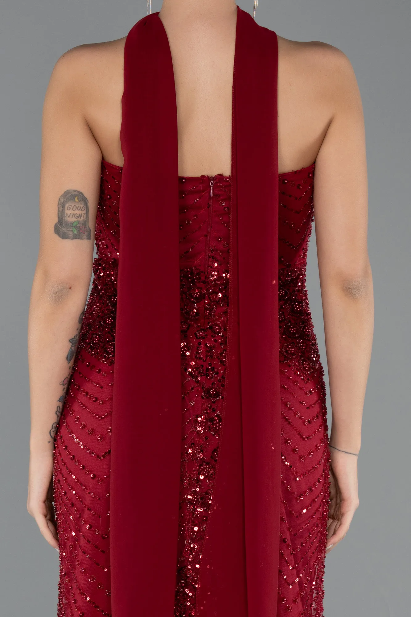 Burgundy-Long Beaded Evening Dress ABU5438