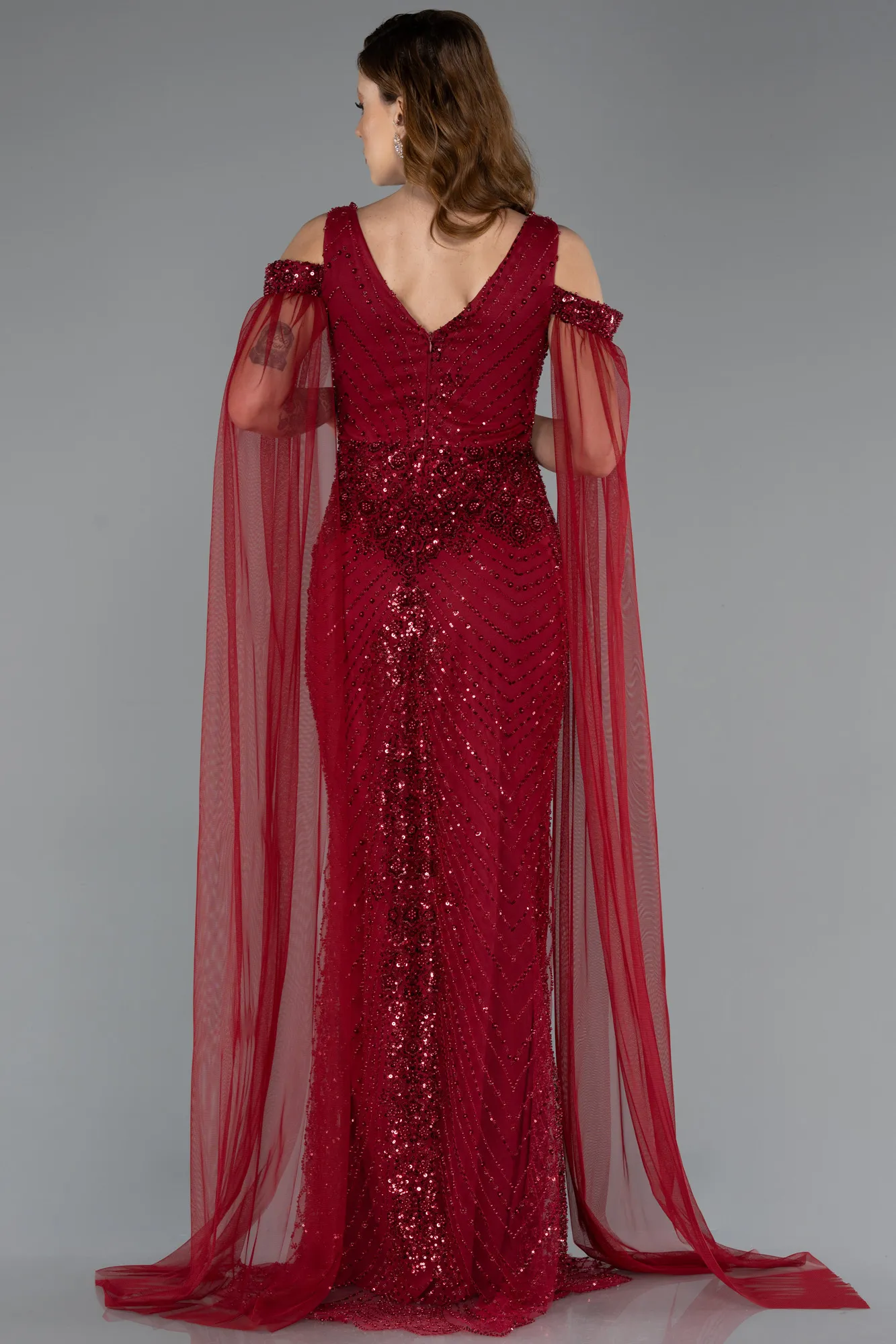 Burgundy-Long Beaded Evening Dress ABU5497