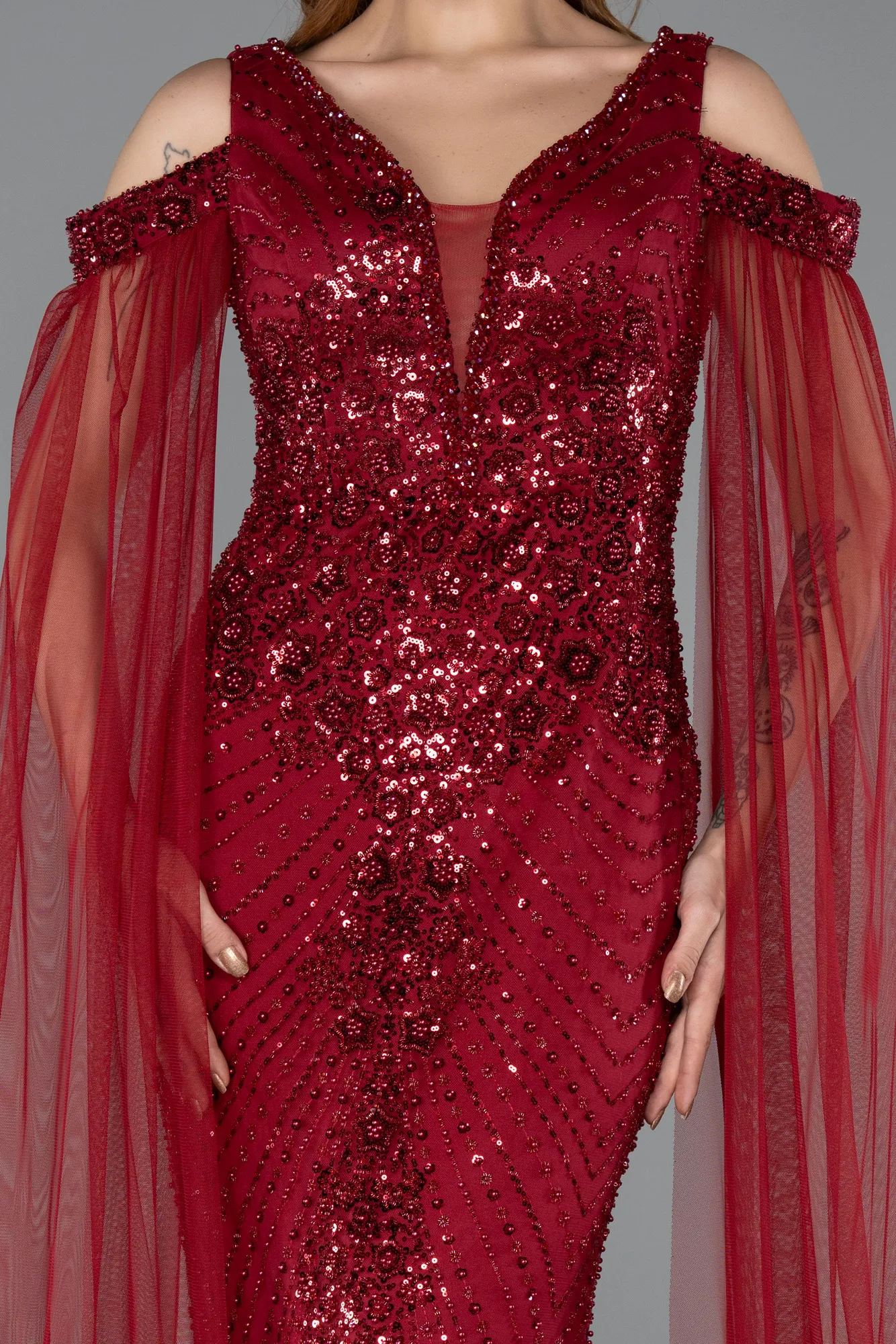 Burgundy-Long Beaded Evening Dress ABU5497