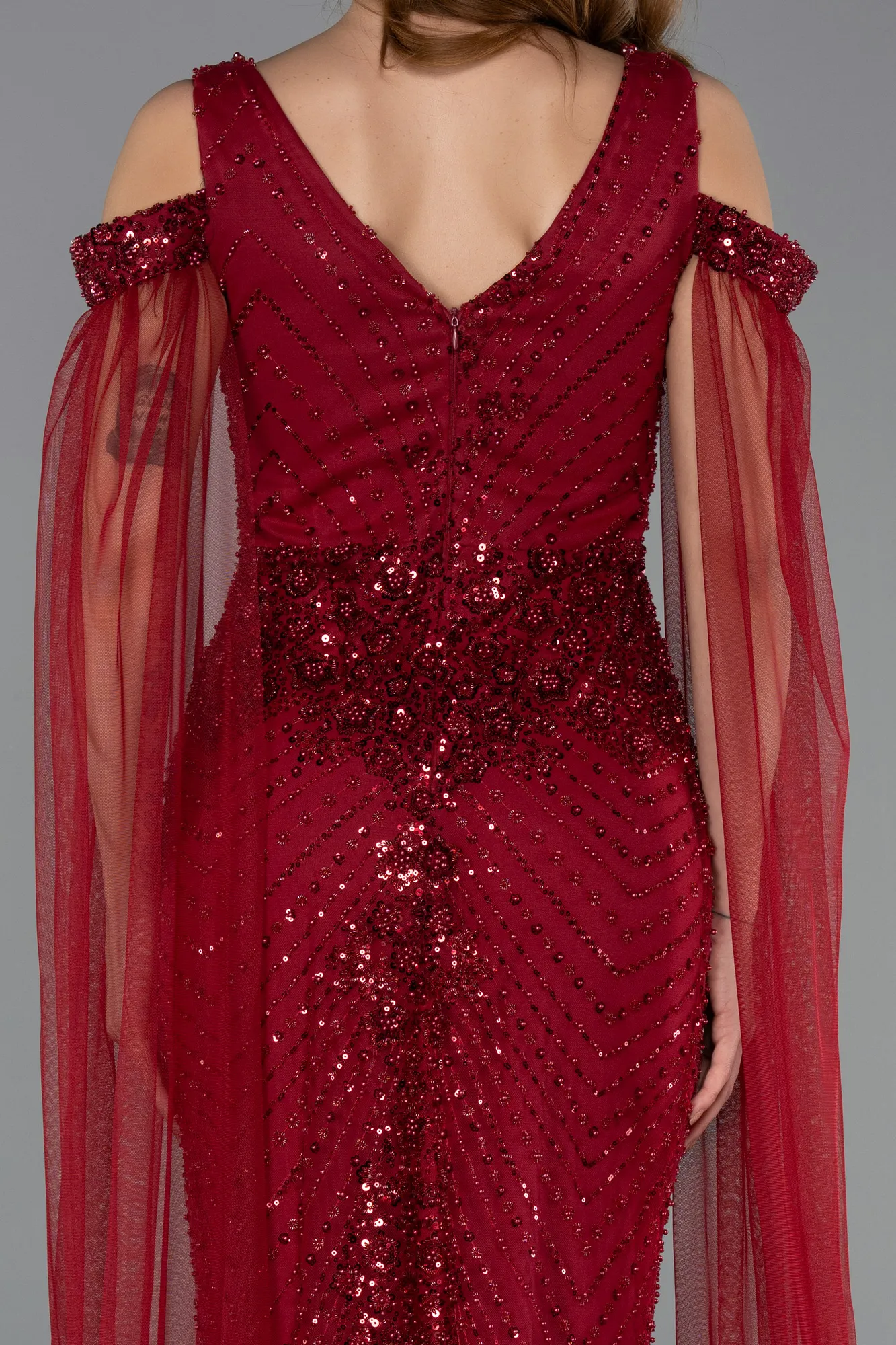 Burgundy-Long Beaded Evening Dress ABU5497