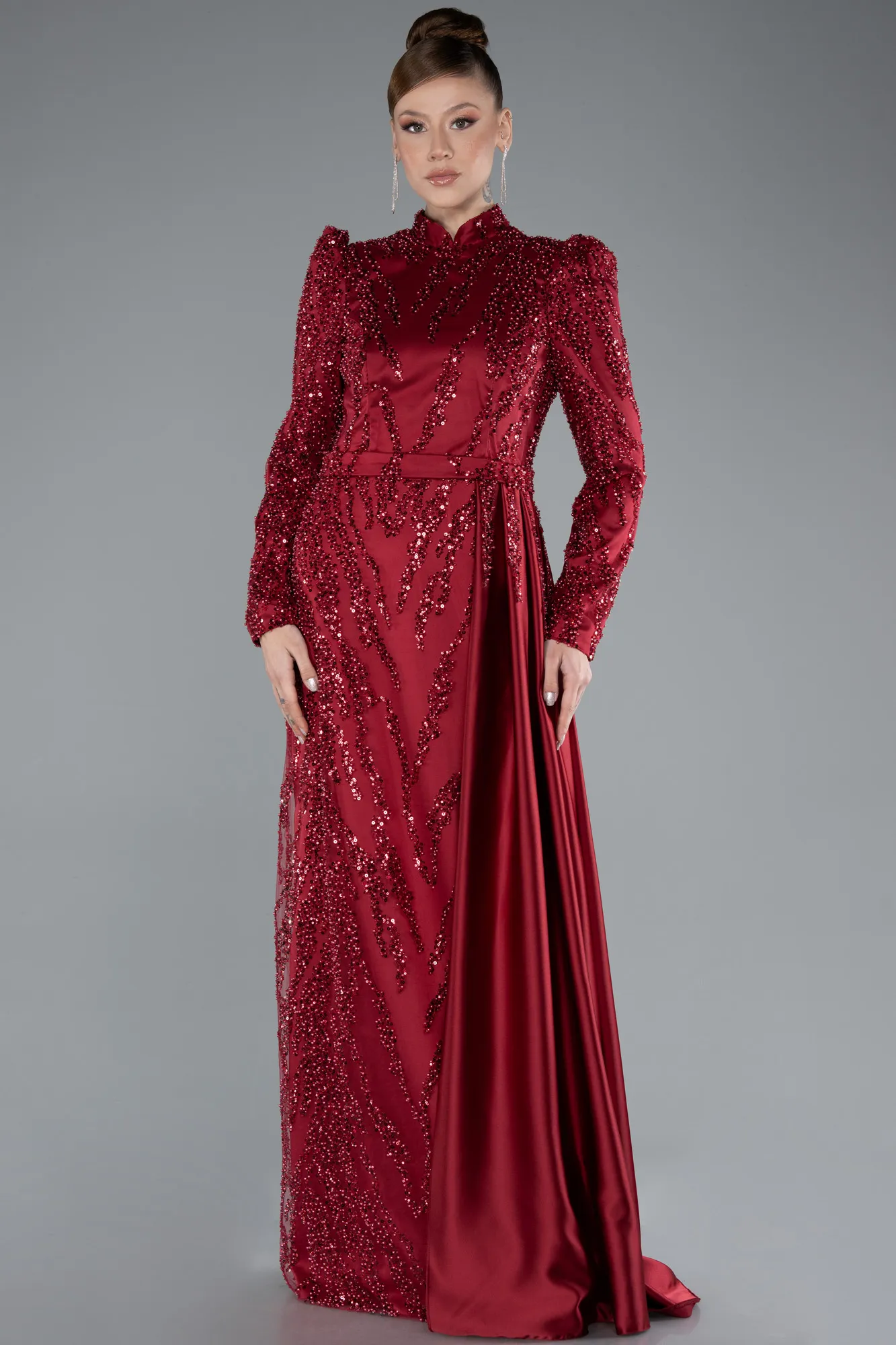 Burgundy-Long Beaded Hijab Dress ABU4941