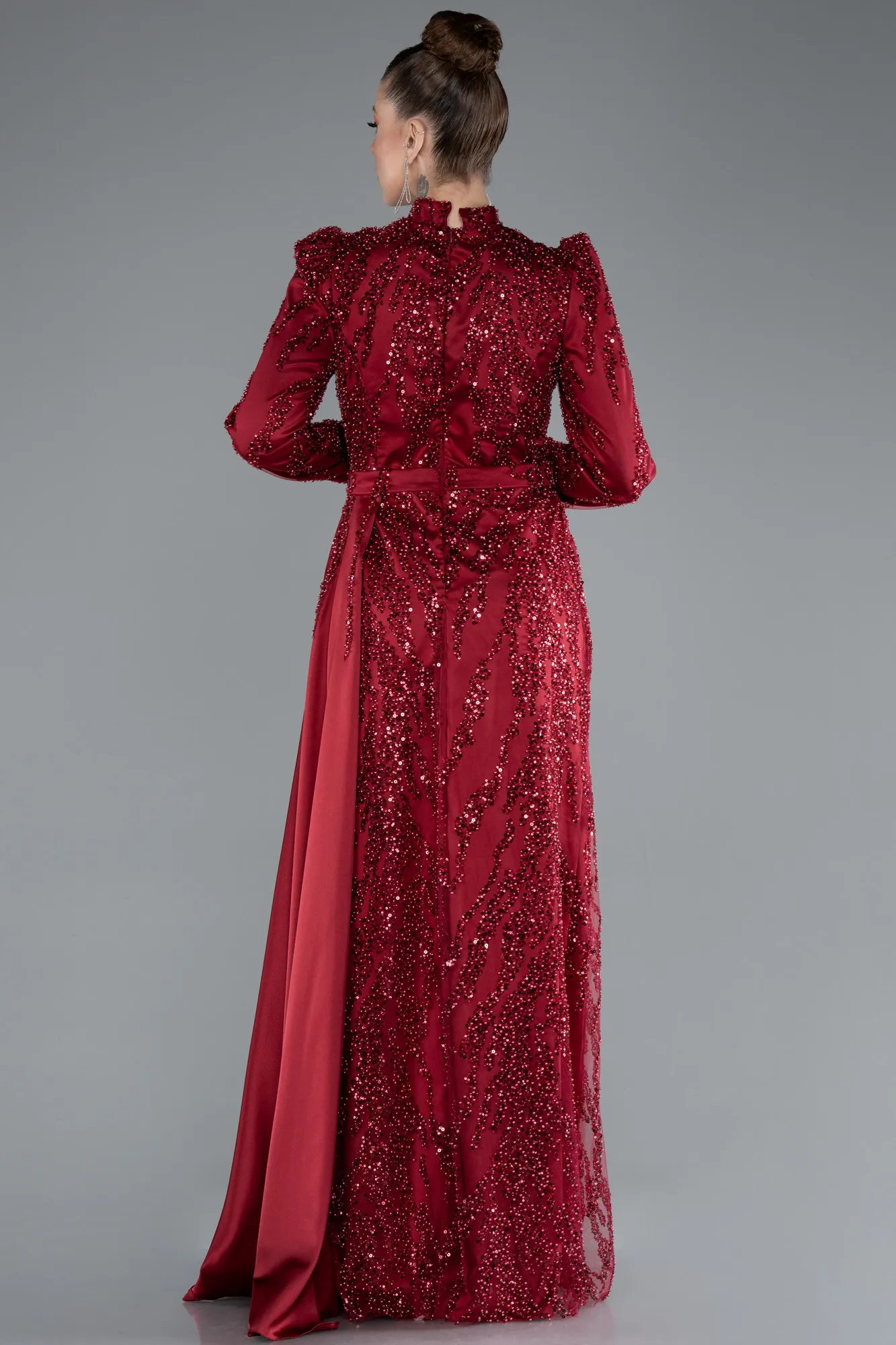 Burgundy-Long Beaded Hijab Dress ABU4941