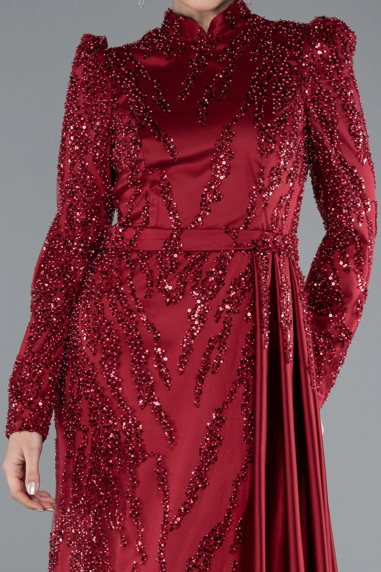 Burgundy-Long Beaded Hijab Dress ABU4941