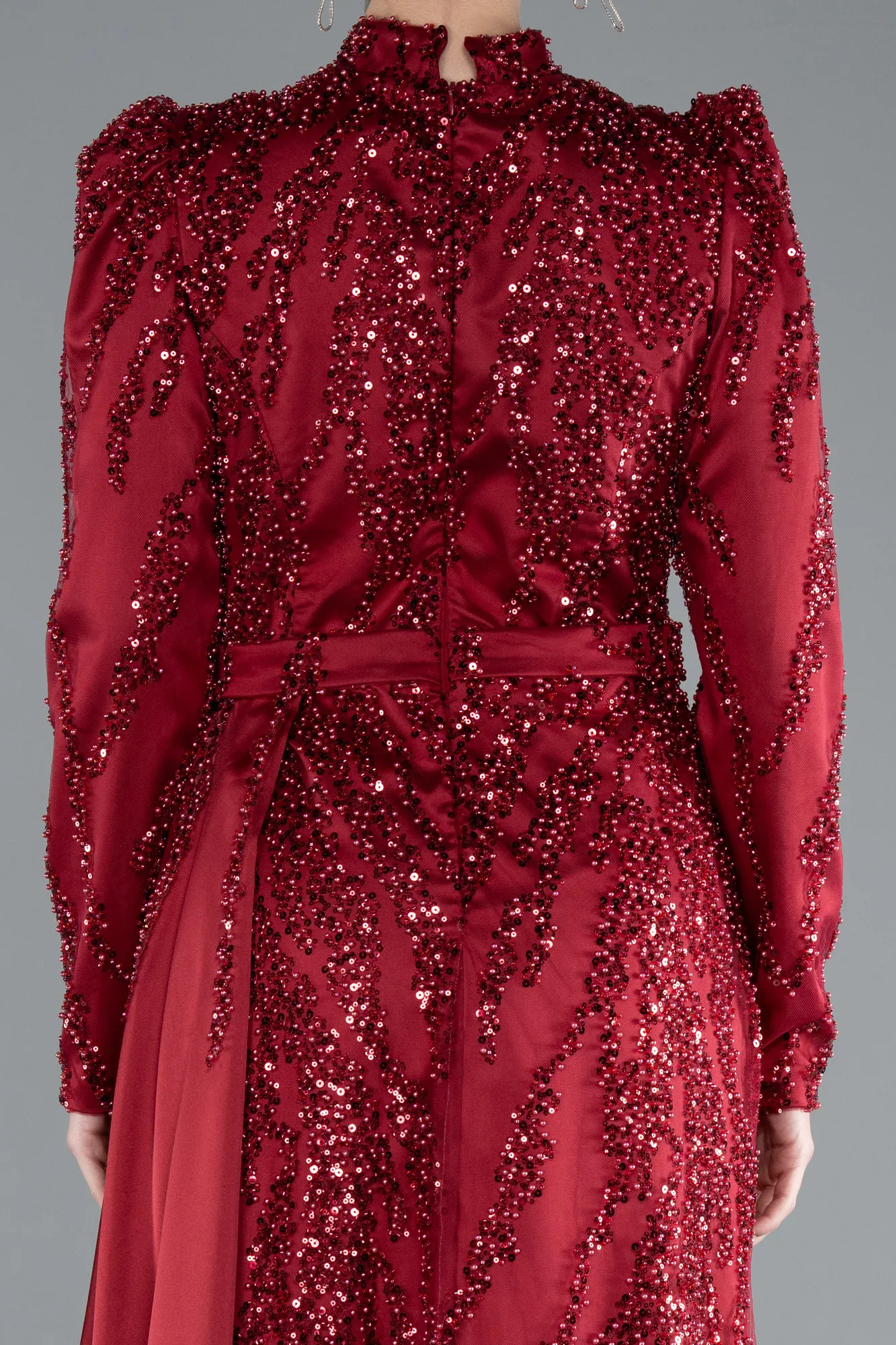 Burgundy-Long Beaded Hijab Dress ABU4941