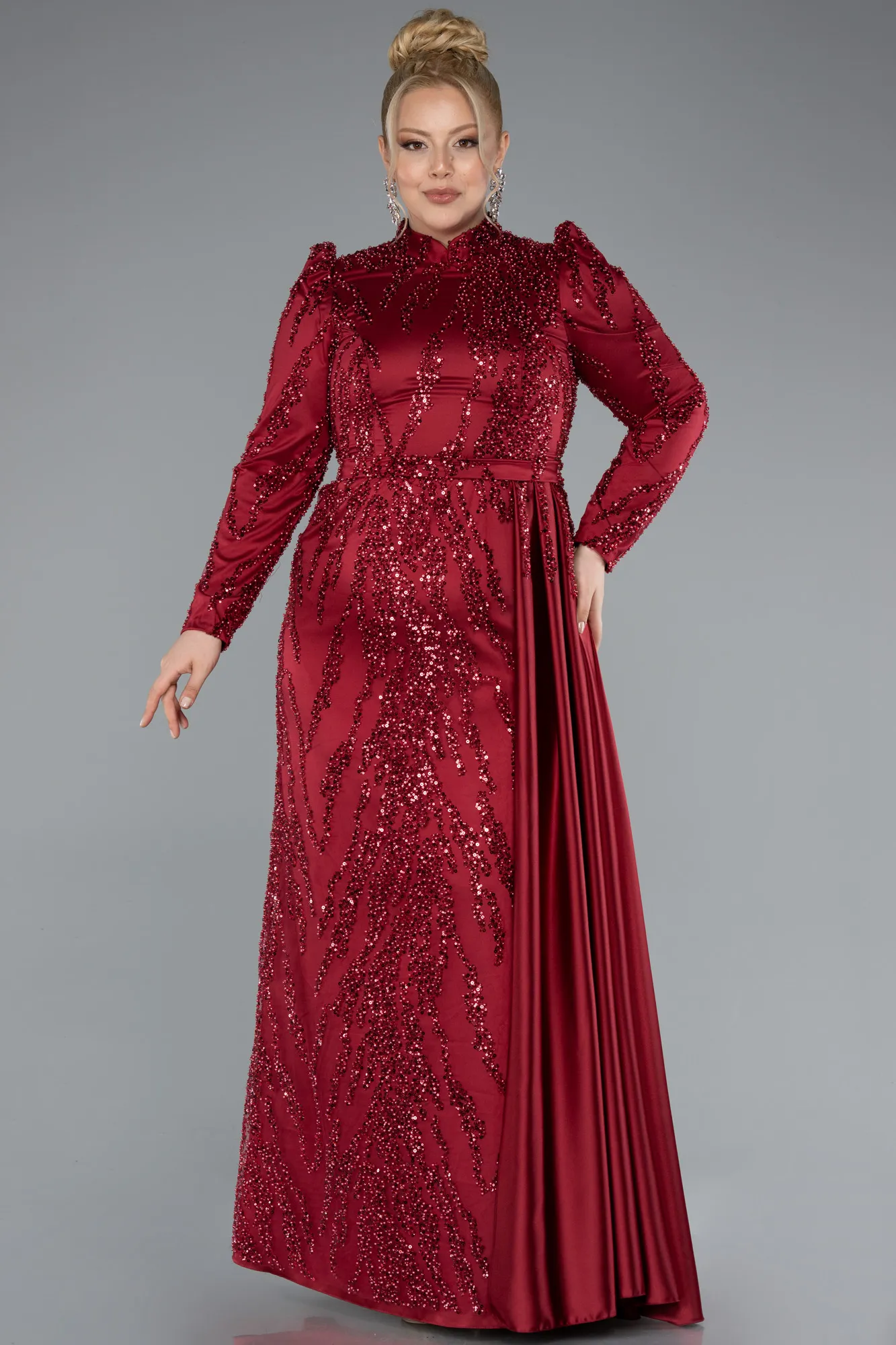 Burgundy-Long Beaded Large Size Dress ABU4942