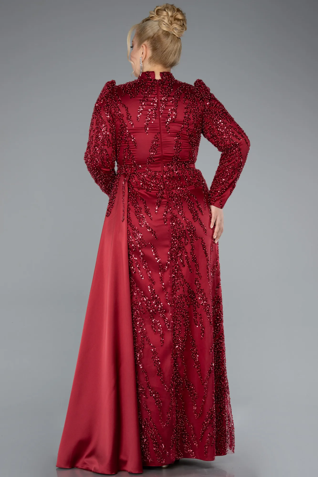 Burgundy-Long Beaded Large Size Dress ABU4942