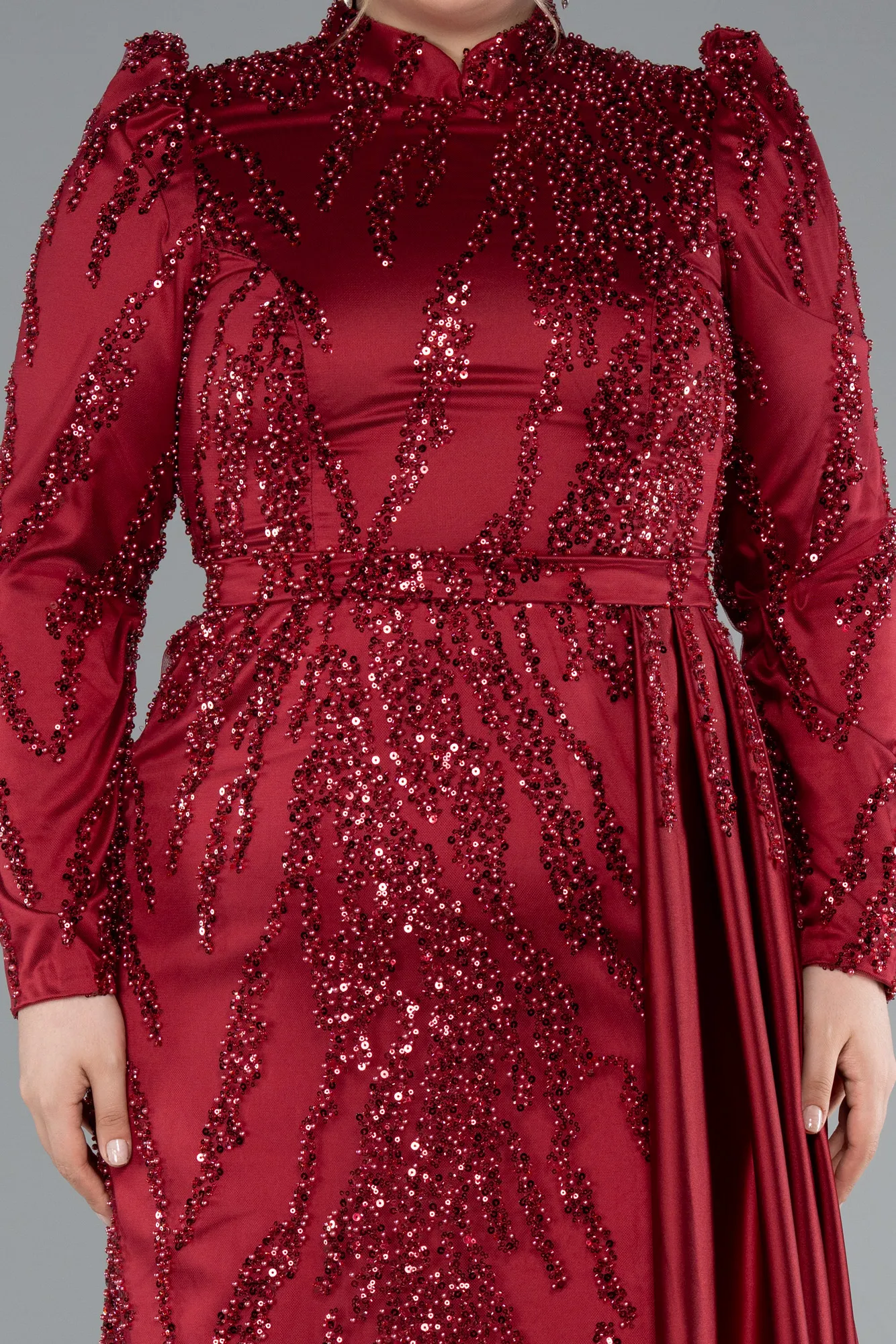 Burgundy-Long Beaded Large Size Dress ABU4942