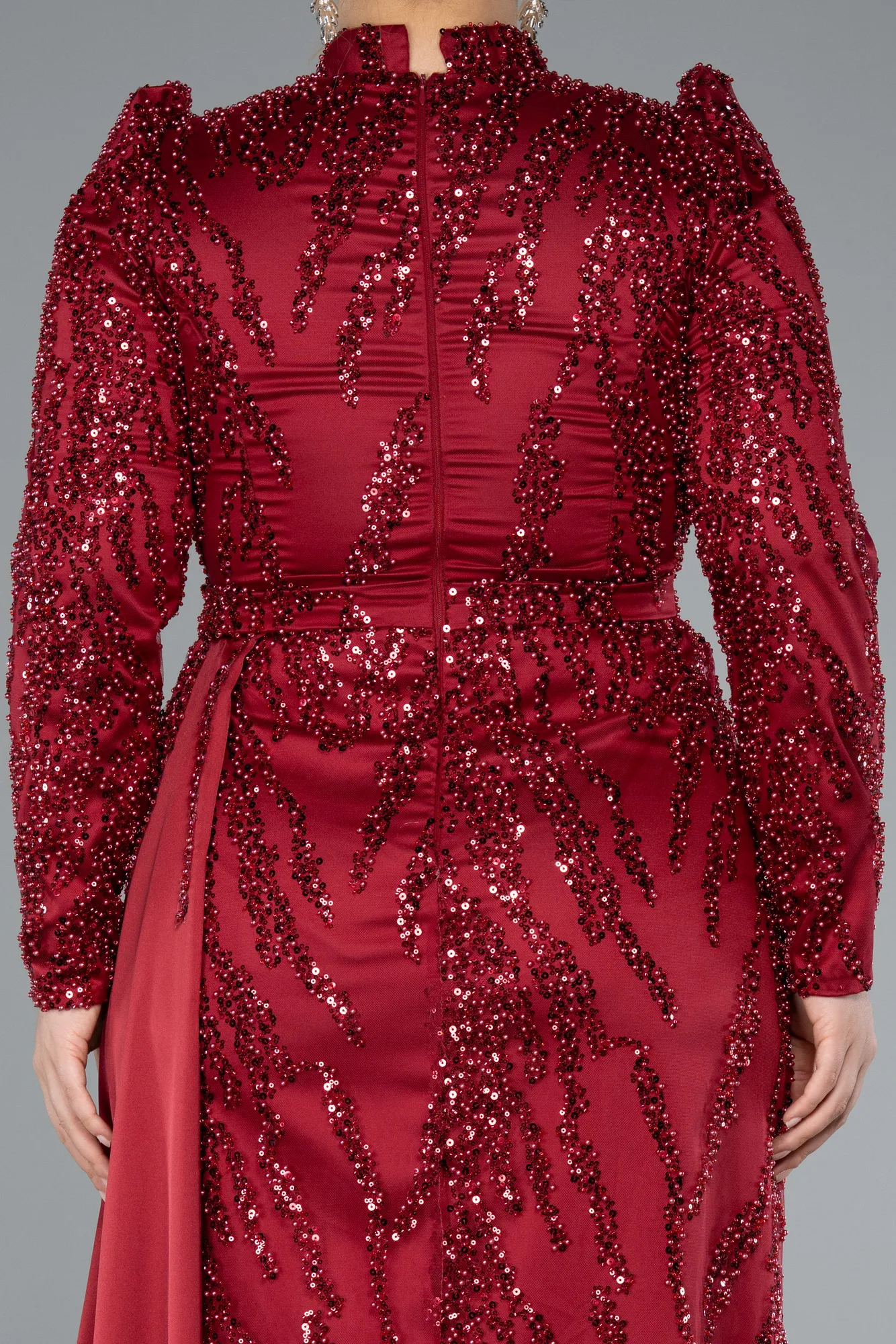 Burgundy-Long Beaded Large Size Dress ABU4942
