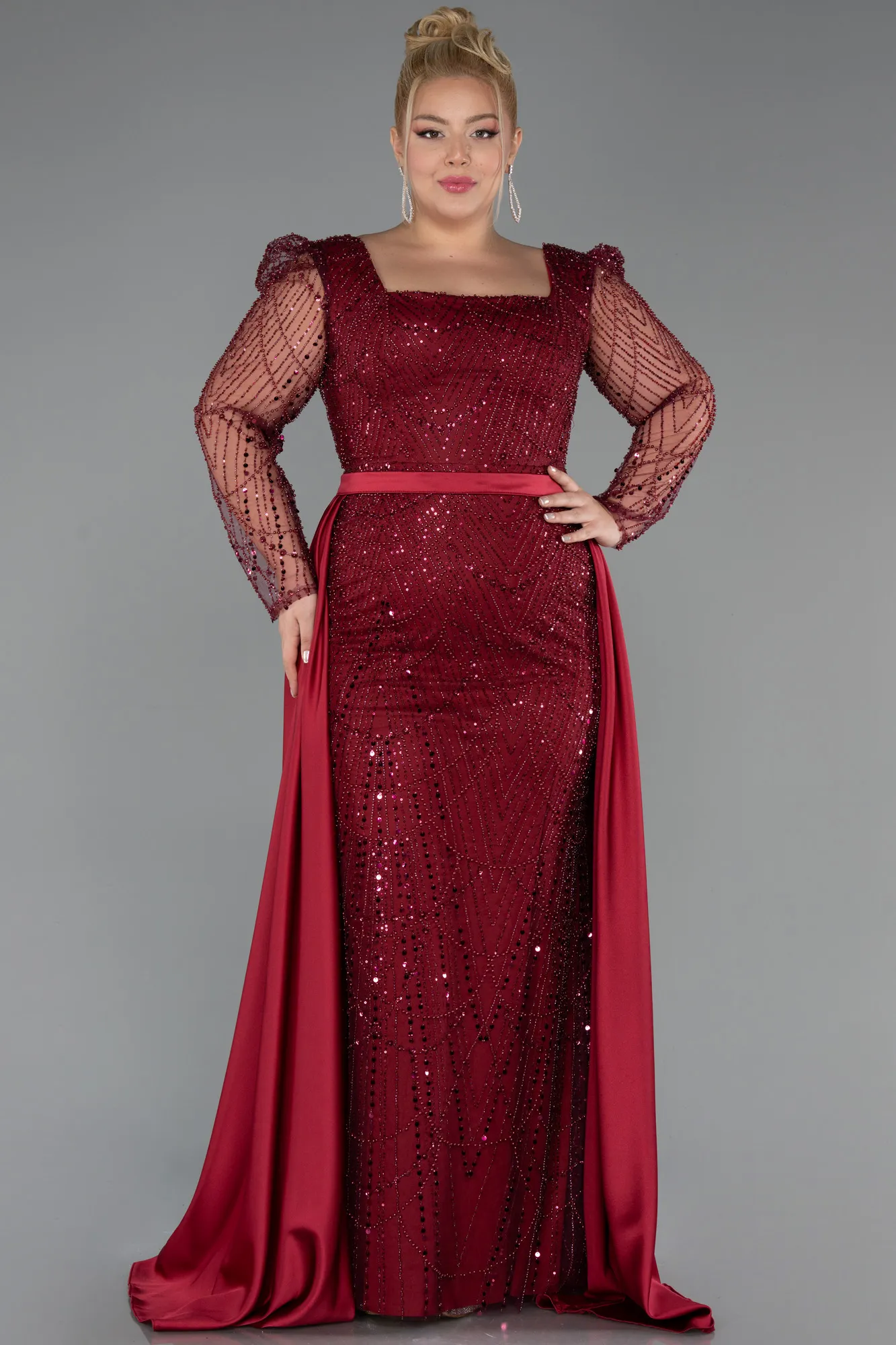 Burgundy-Long Beaded Plus Size Engagement Dress ABU4761