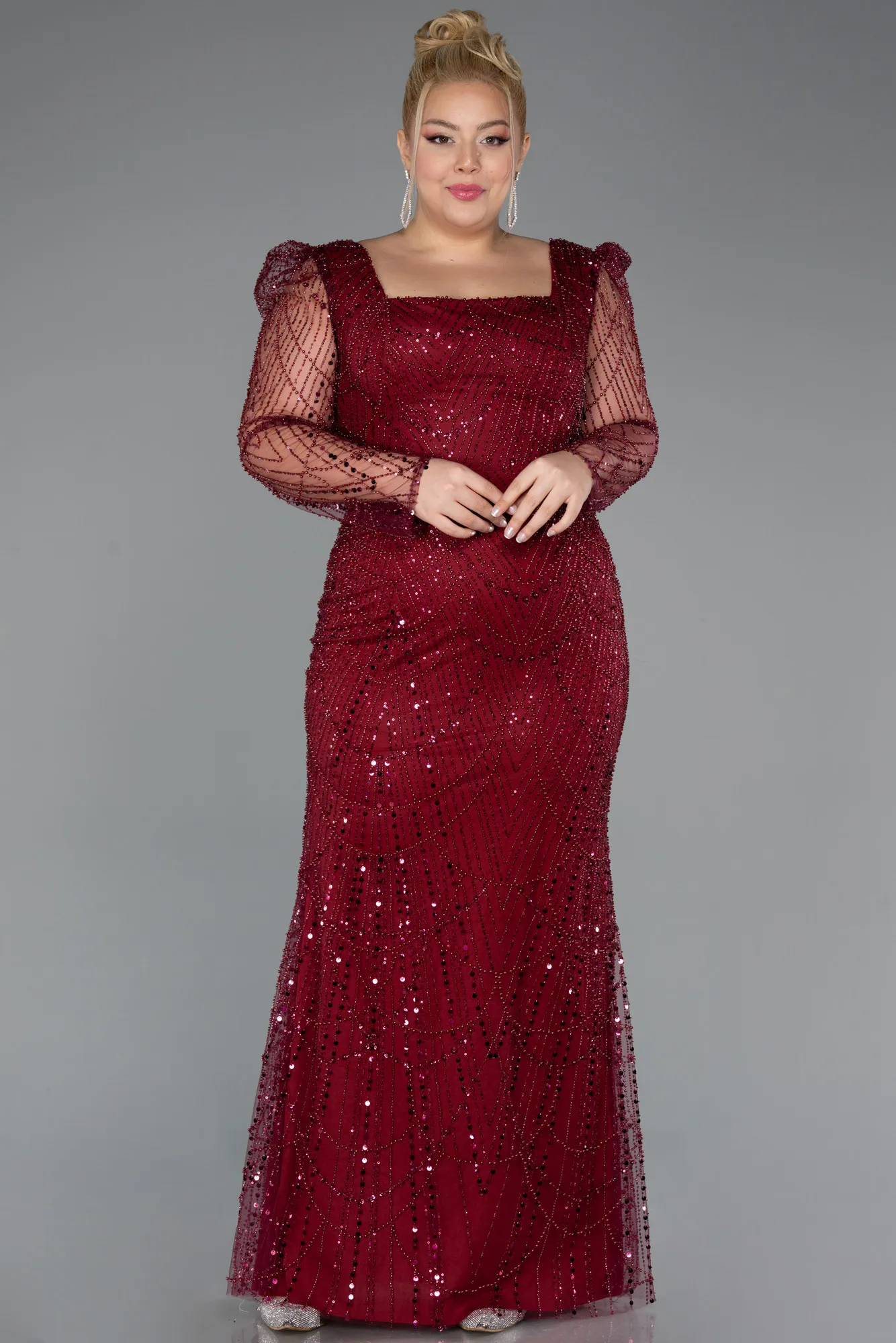 Burgundy-Long Beaded Plus Size Engagement Dress ABU4761