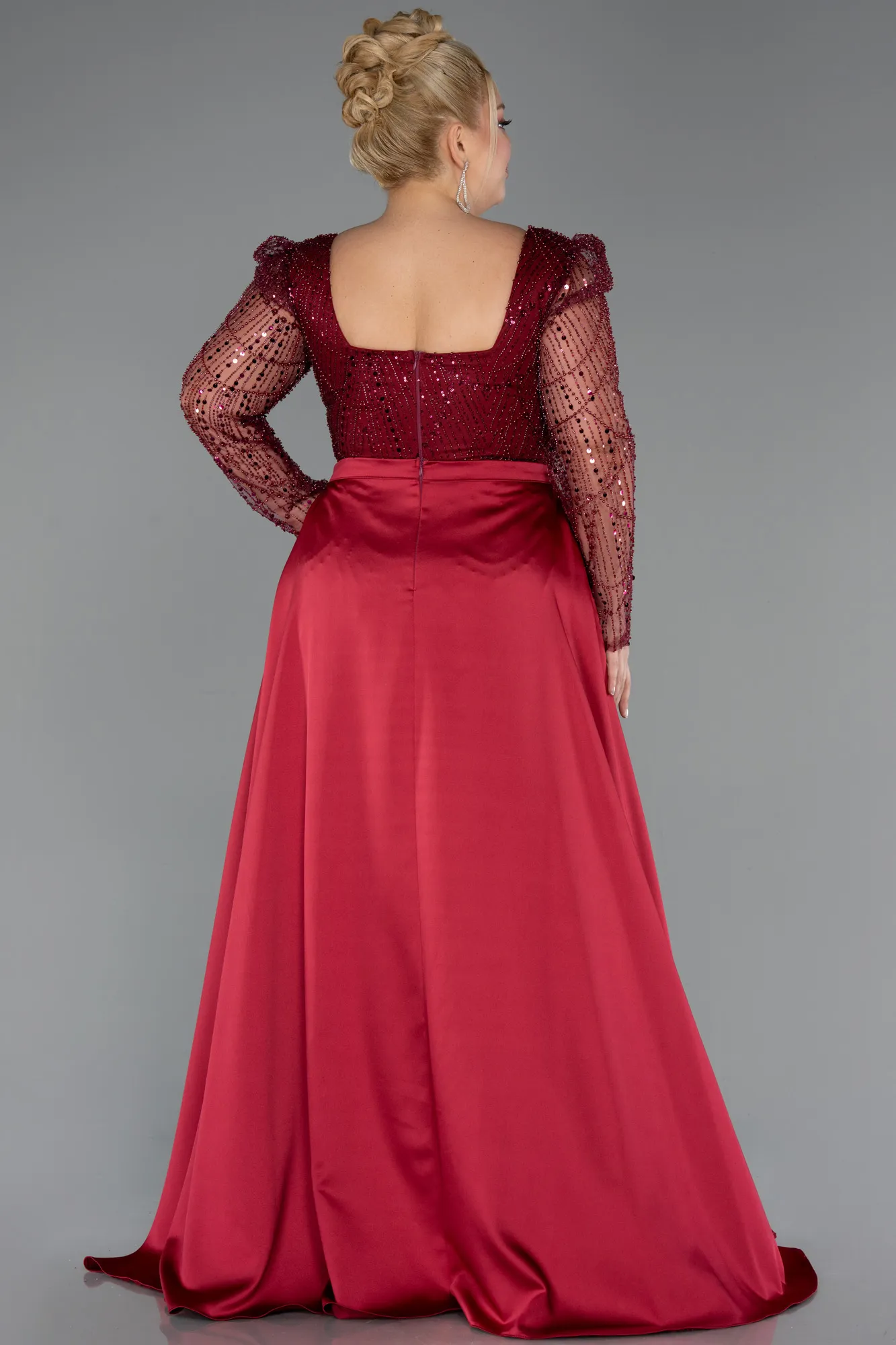 Burgundy-Long Beaded Plus Size Engagement Dress ABU4761