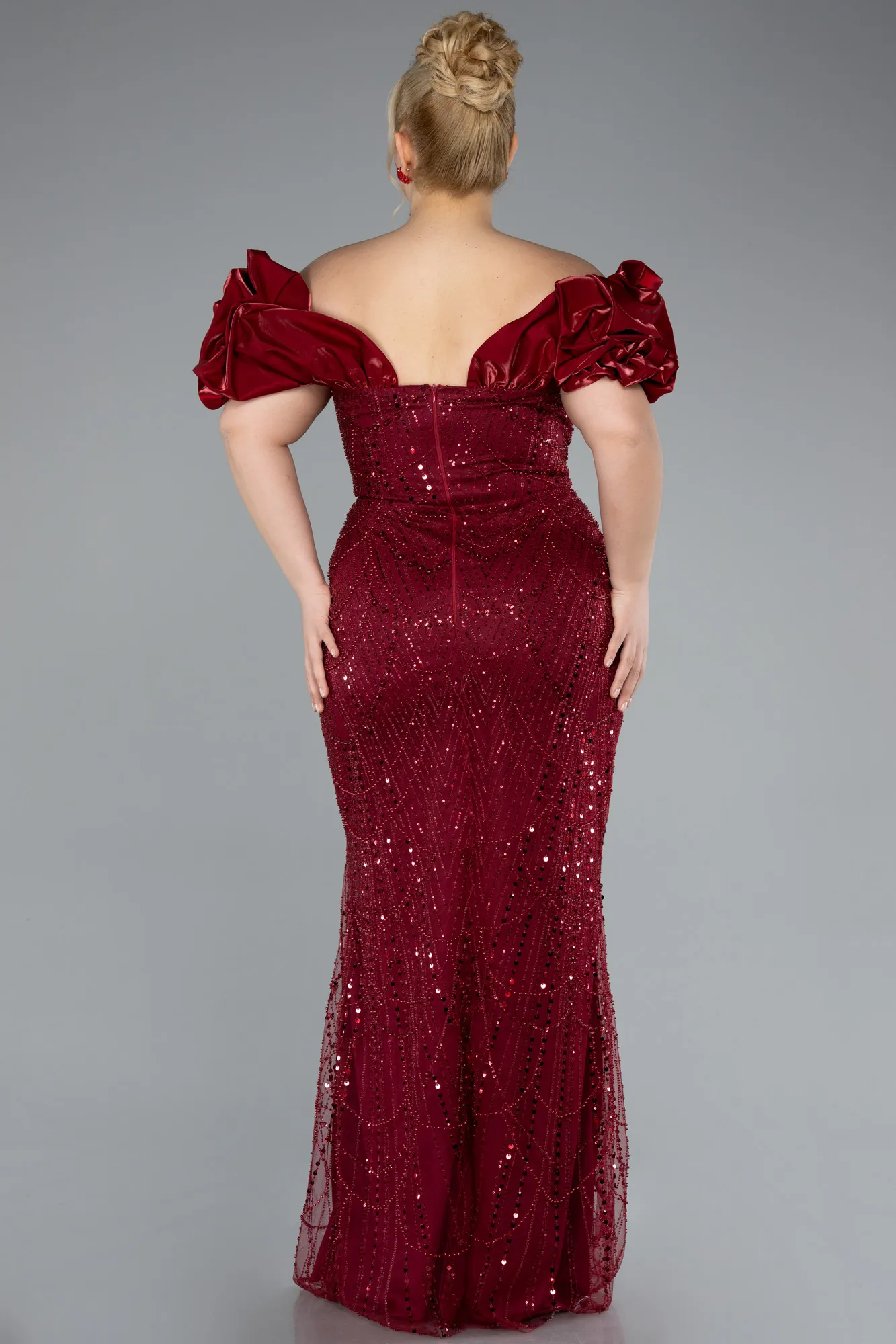 Burgundy-Long Beaded Plus Size Engagement Dress ABU4788