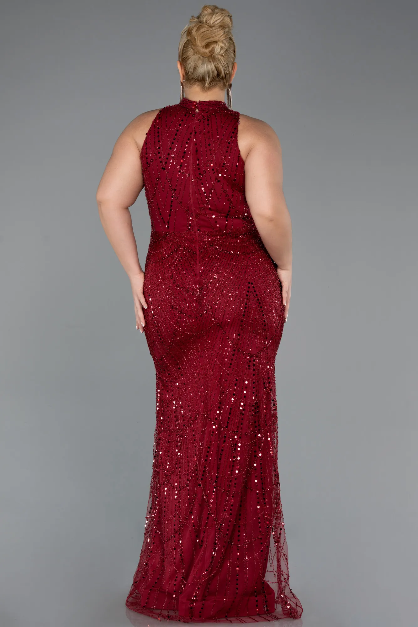Burgundy-Long Beaded Plus Size Evening Dress ABU5063