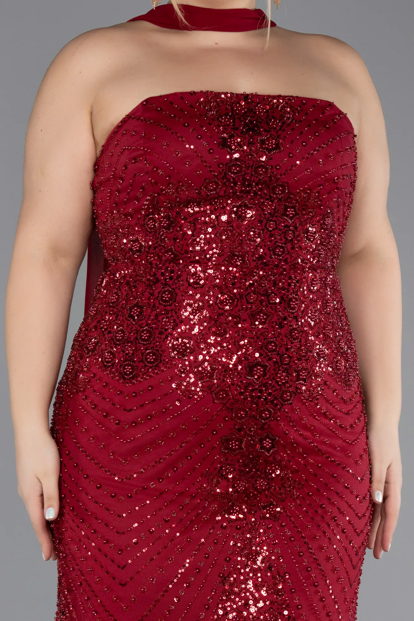 Burgundy-Long Beaded Plus Size Evening Gown ABU5495