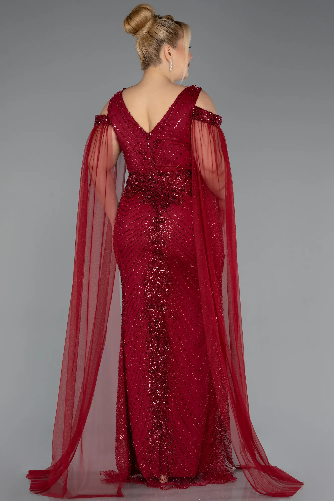 Burgundy-Long Beaded Plus Size Evening Gown ABU5498
