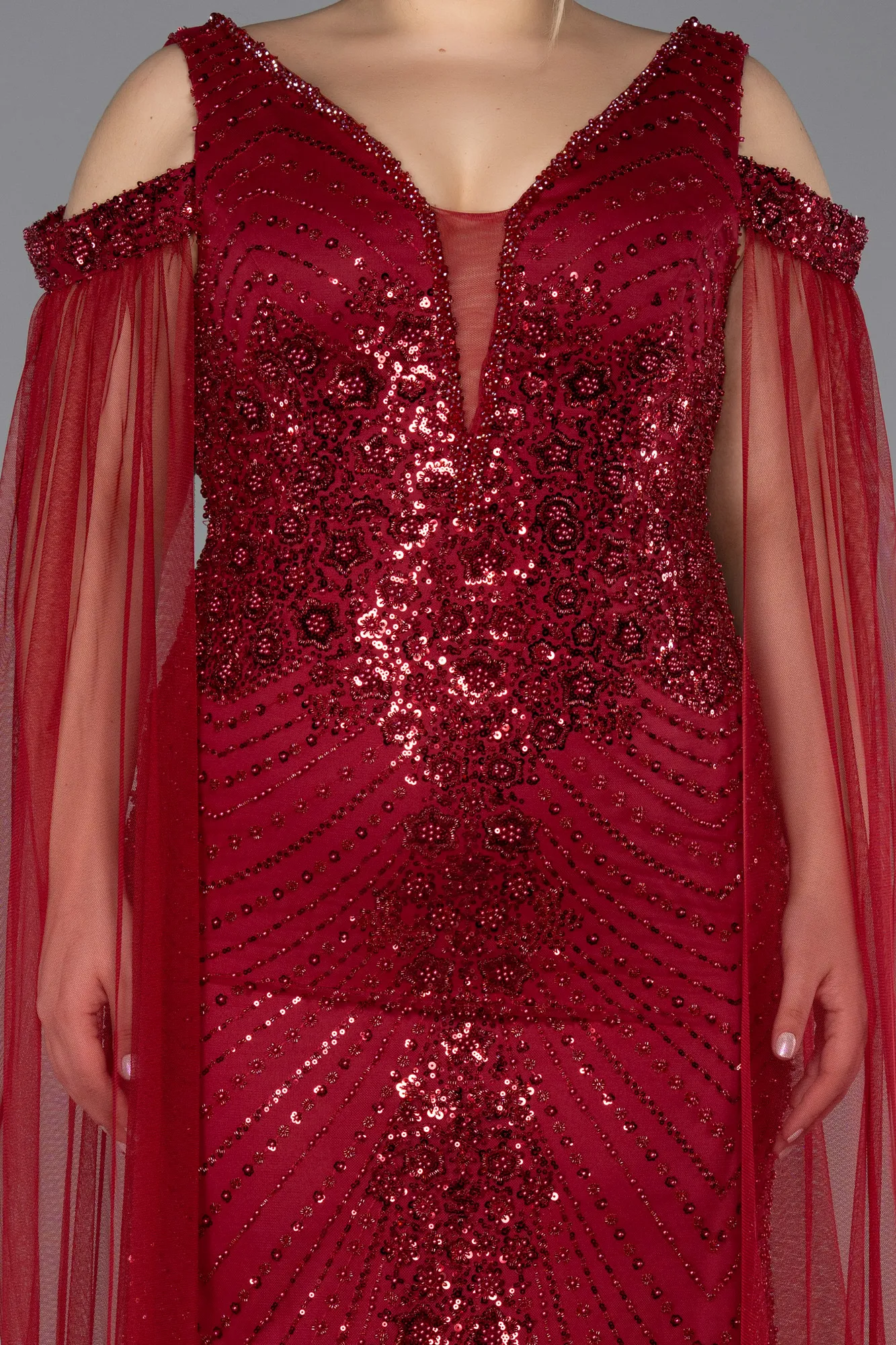 Burgundy-Long Beaded Plus Size Evening Gown ABU5498