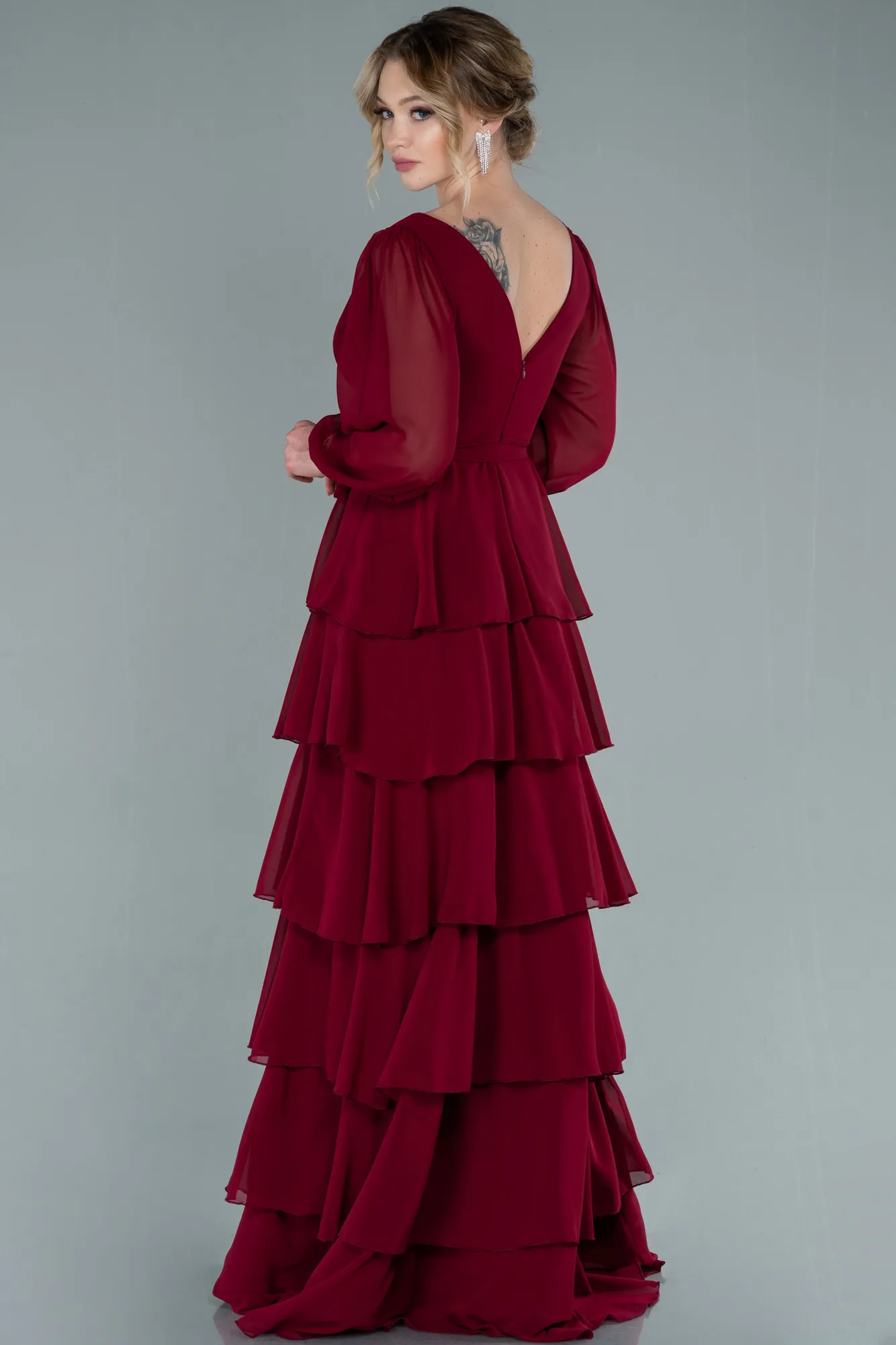 Burgundy-Long Chiffon Evening Dress ABU2322