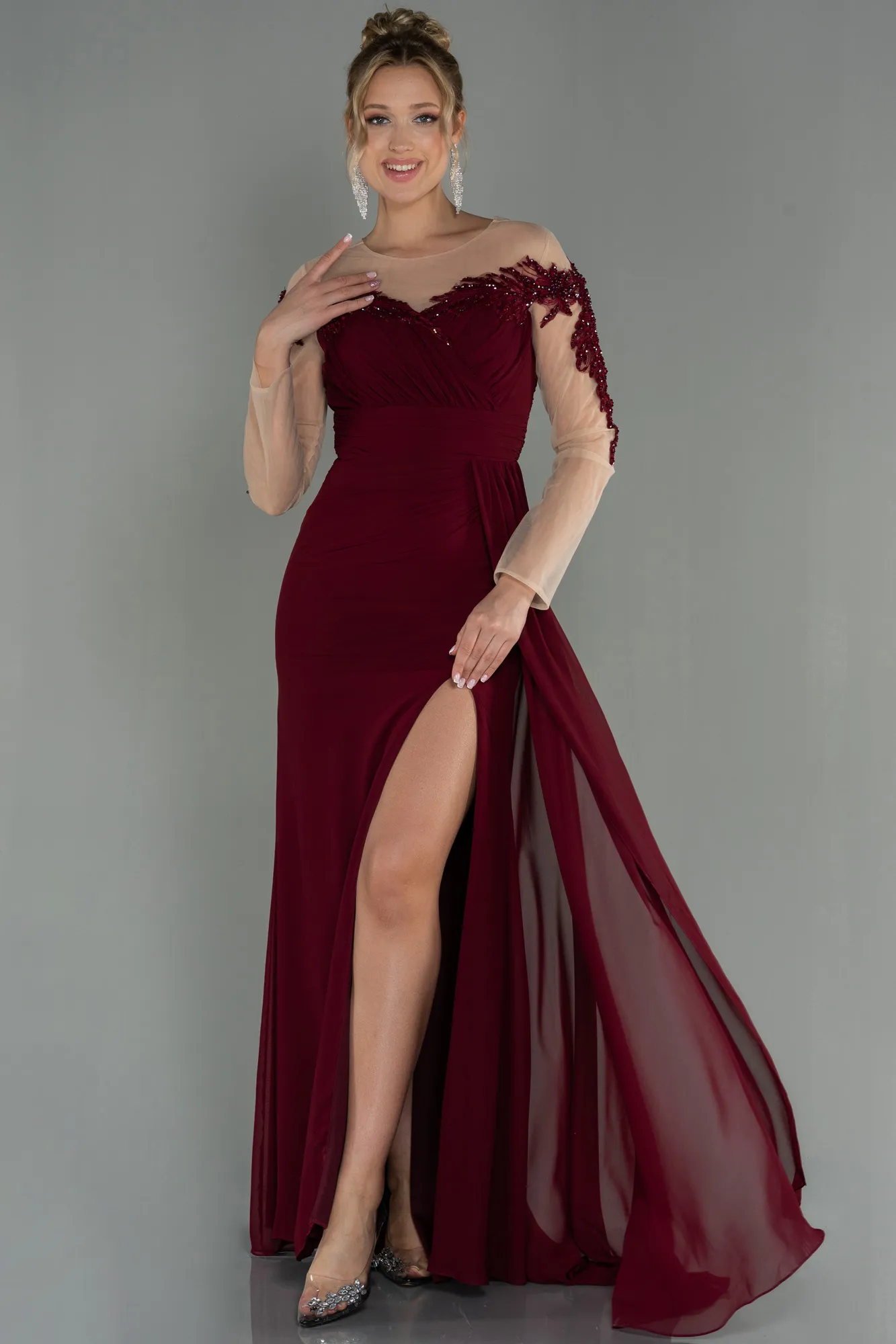 Burgundy-Long Chiffon Evening Dress ABU3012