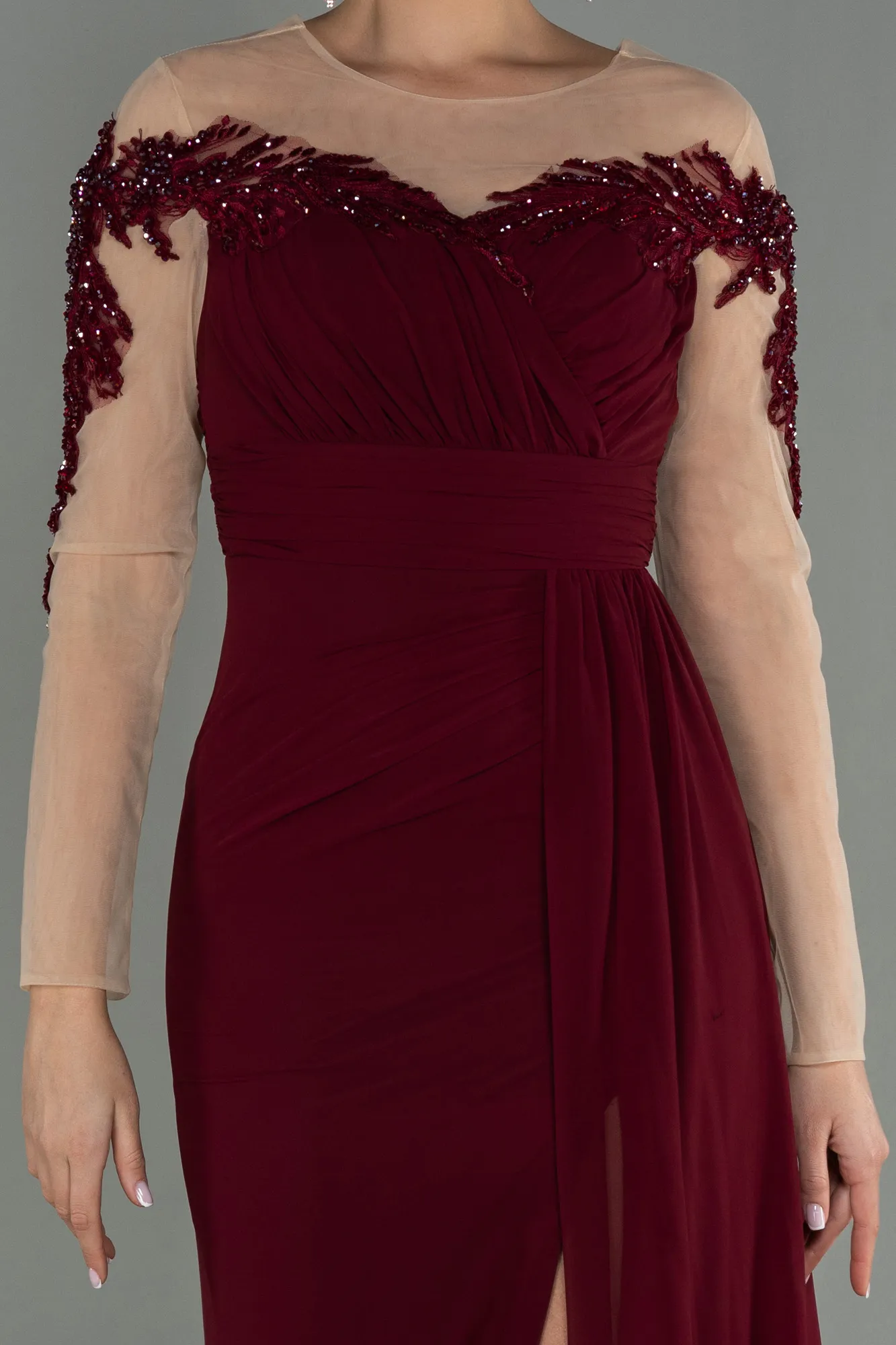 Burgundy-Long Chiffon Evening Dress ABU3012