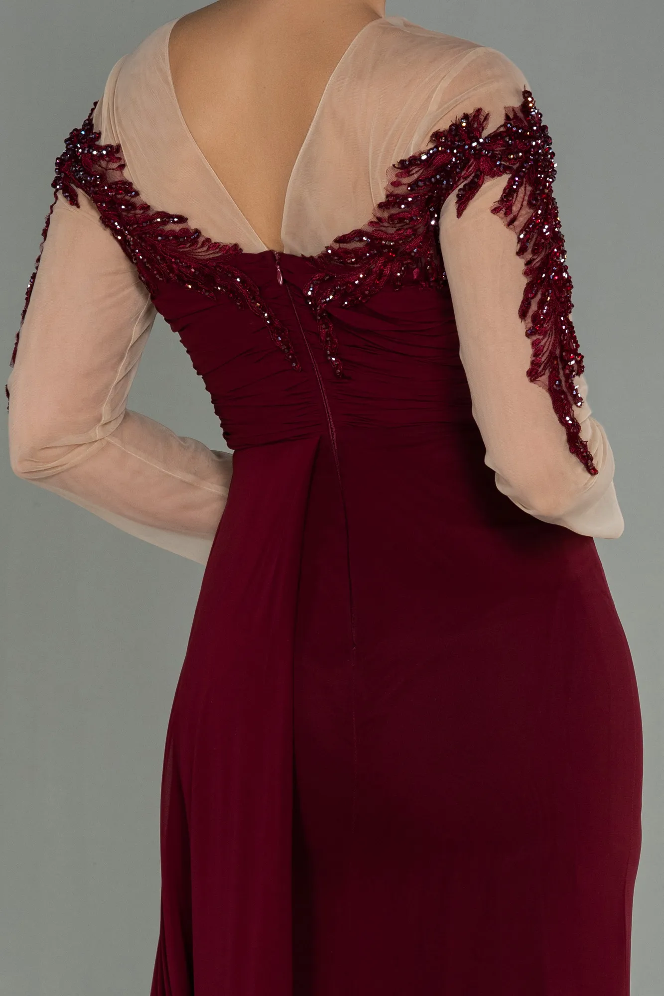 Burgundy-Long Chiffon Evening Dress ABU3012