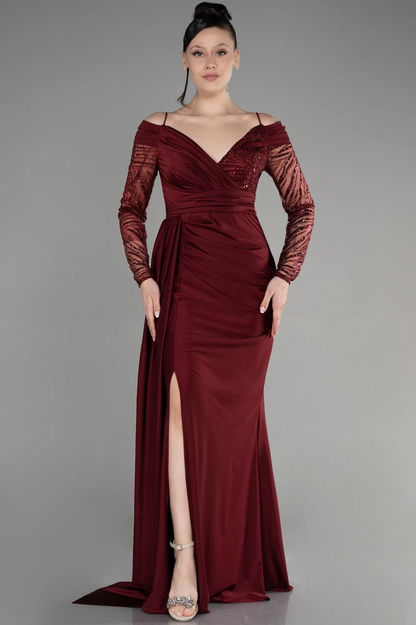 Burgundy-Long Evening Dress ABU3656