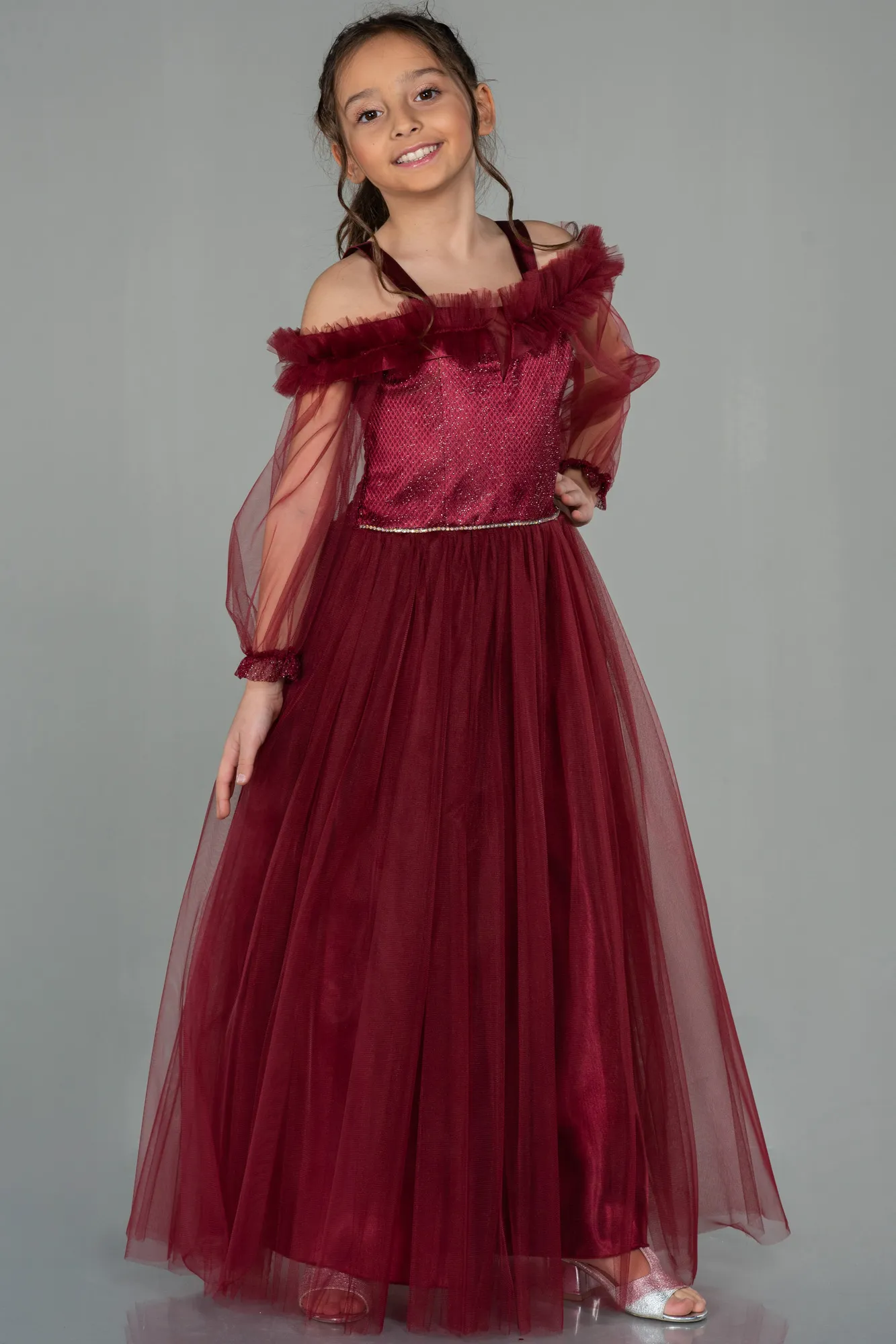 Burgundy-Long Girl Dress ABU2444
