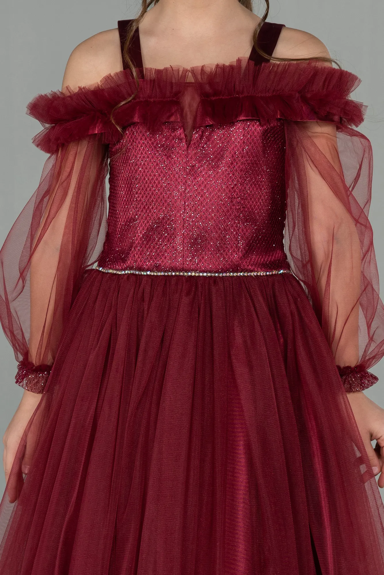 Burgundy-Long Girl Dress ABU2444