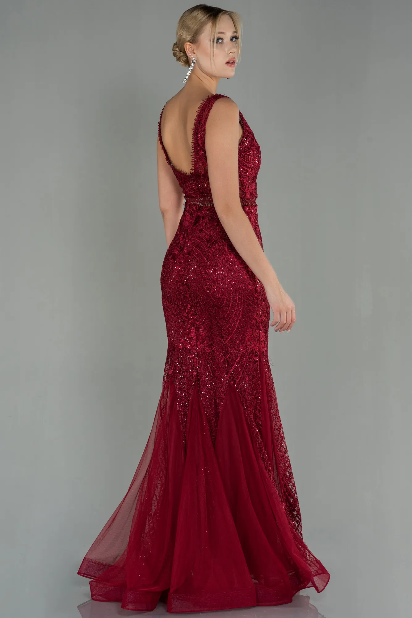 Burgundy-Long Laced Evening Dress ABU1611
