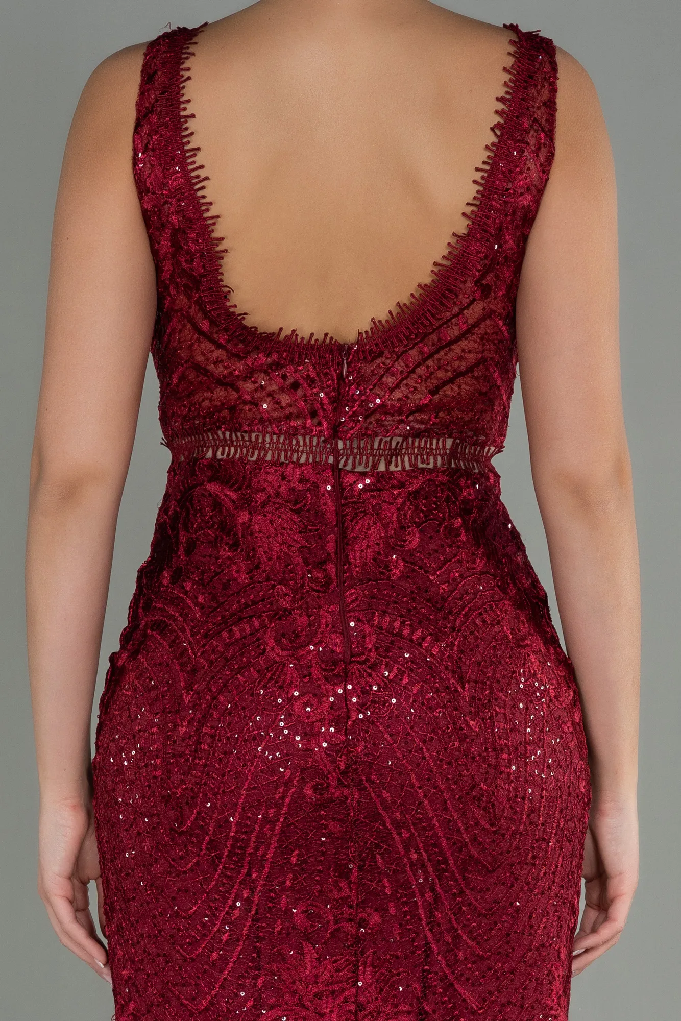 Burgundy-Long Laced Evening Dress ABU1611