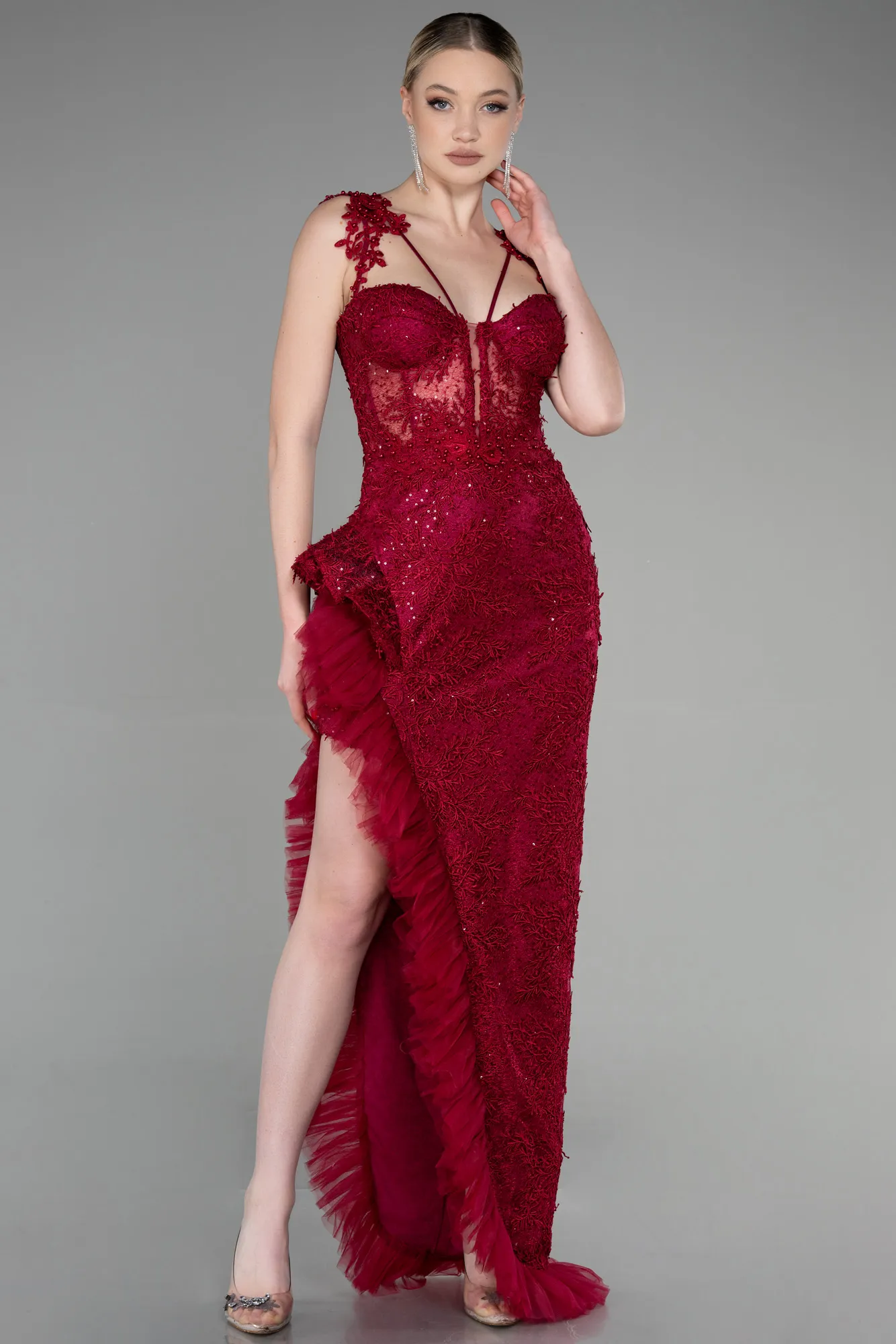 Burgundy-Long Laced Evening Dress ABU3317