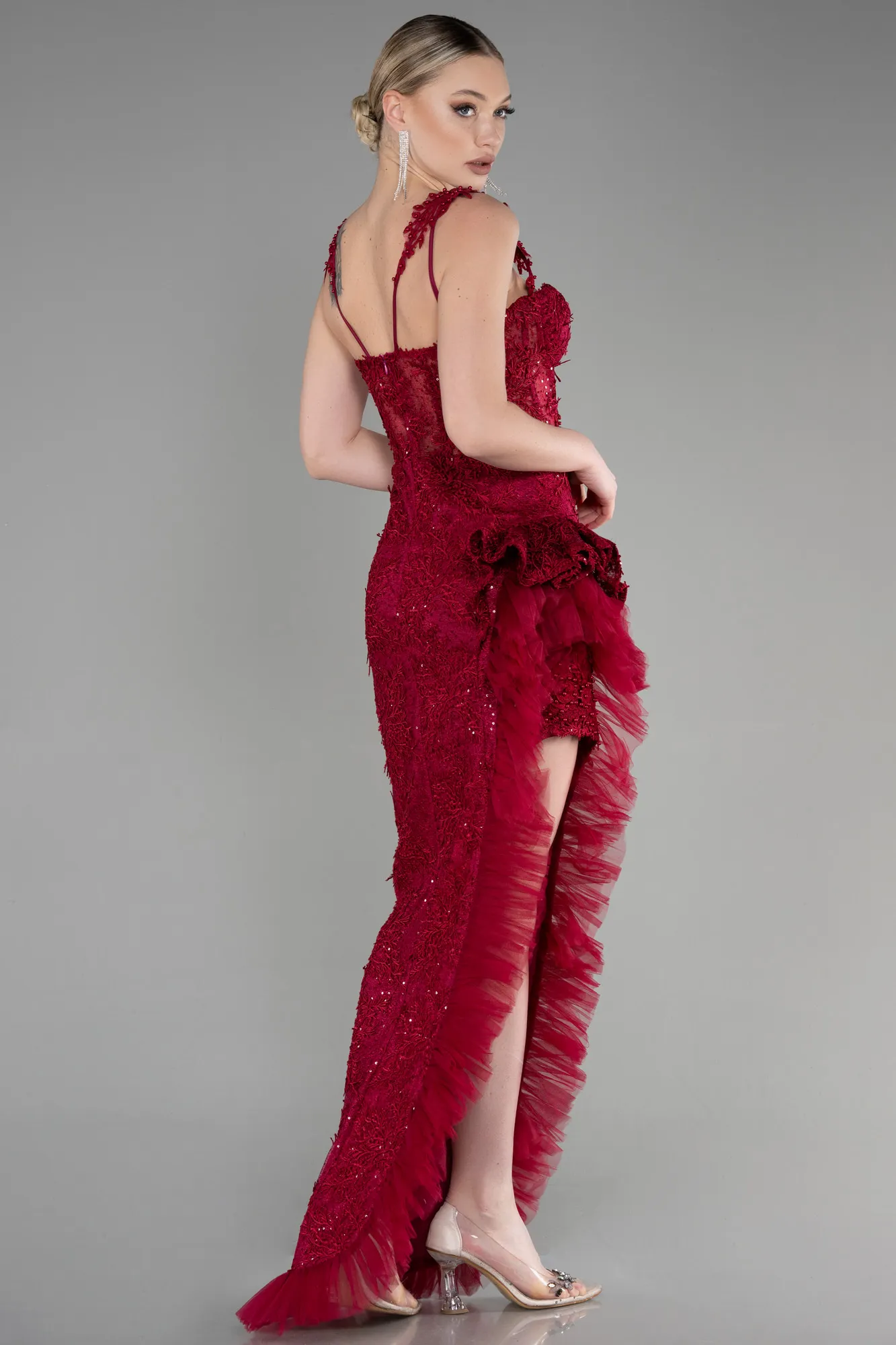 Burgundy-Long Laced Evening Dress ABU3317