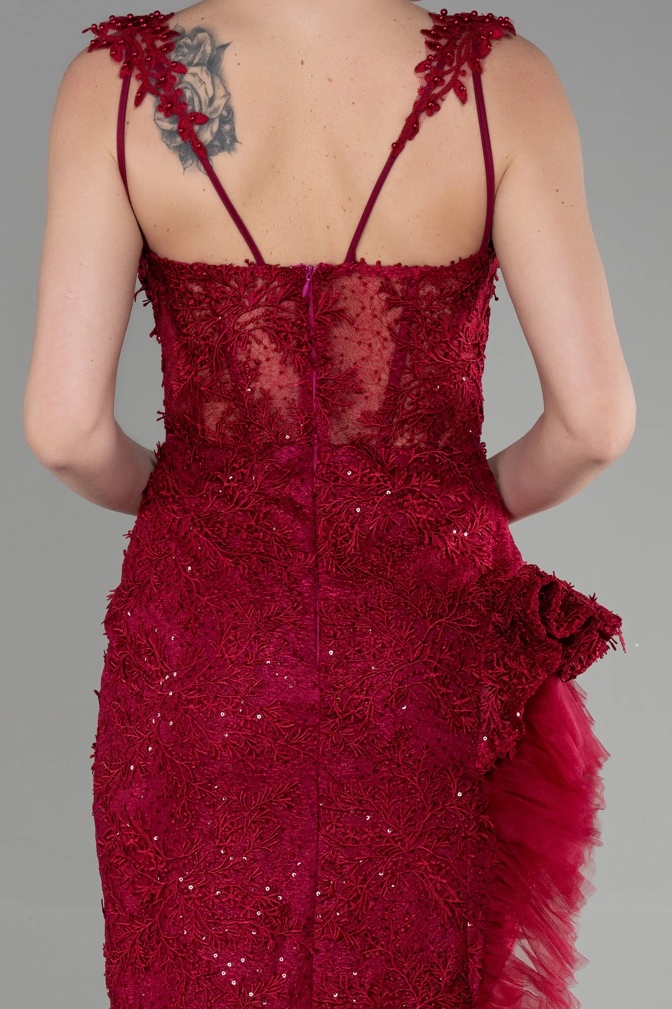 Burgundy-Long Laced Evening Dress ABU3317