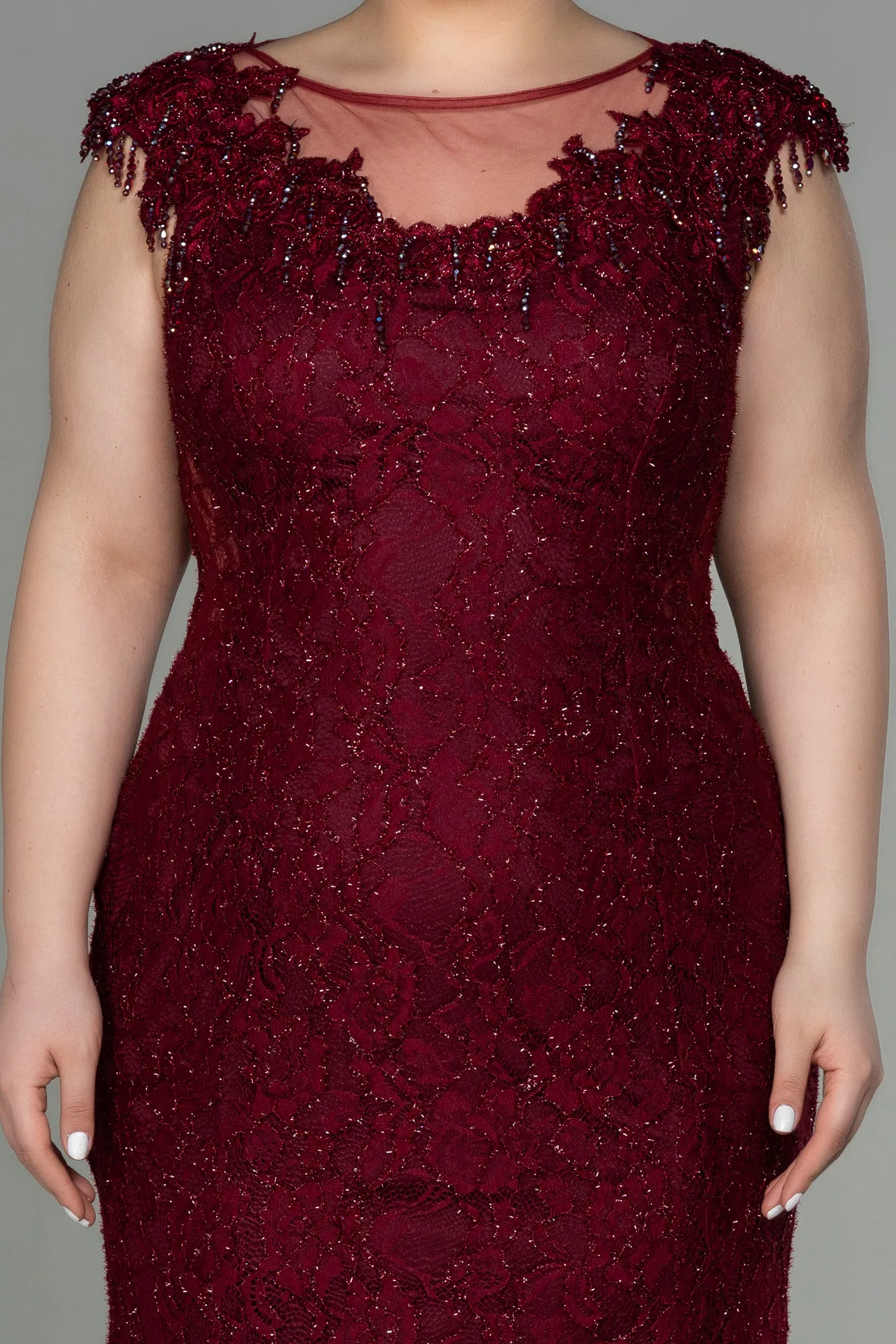 Burgundy-Long Laced Plus Size Evening Dress ABU2650