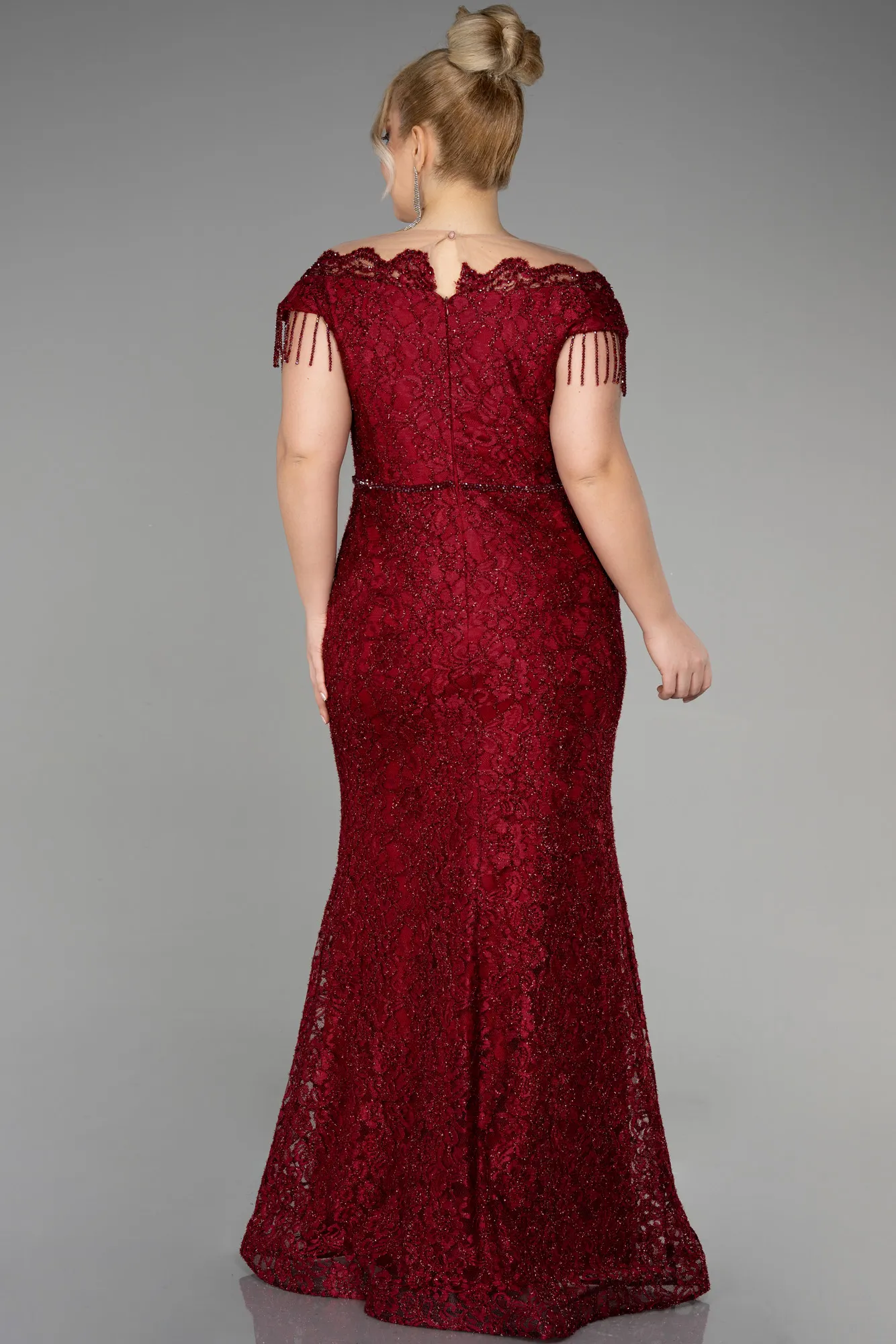 Burgundy-Long Laced Plus Size Evening Dress ABU3435