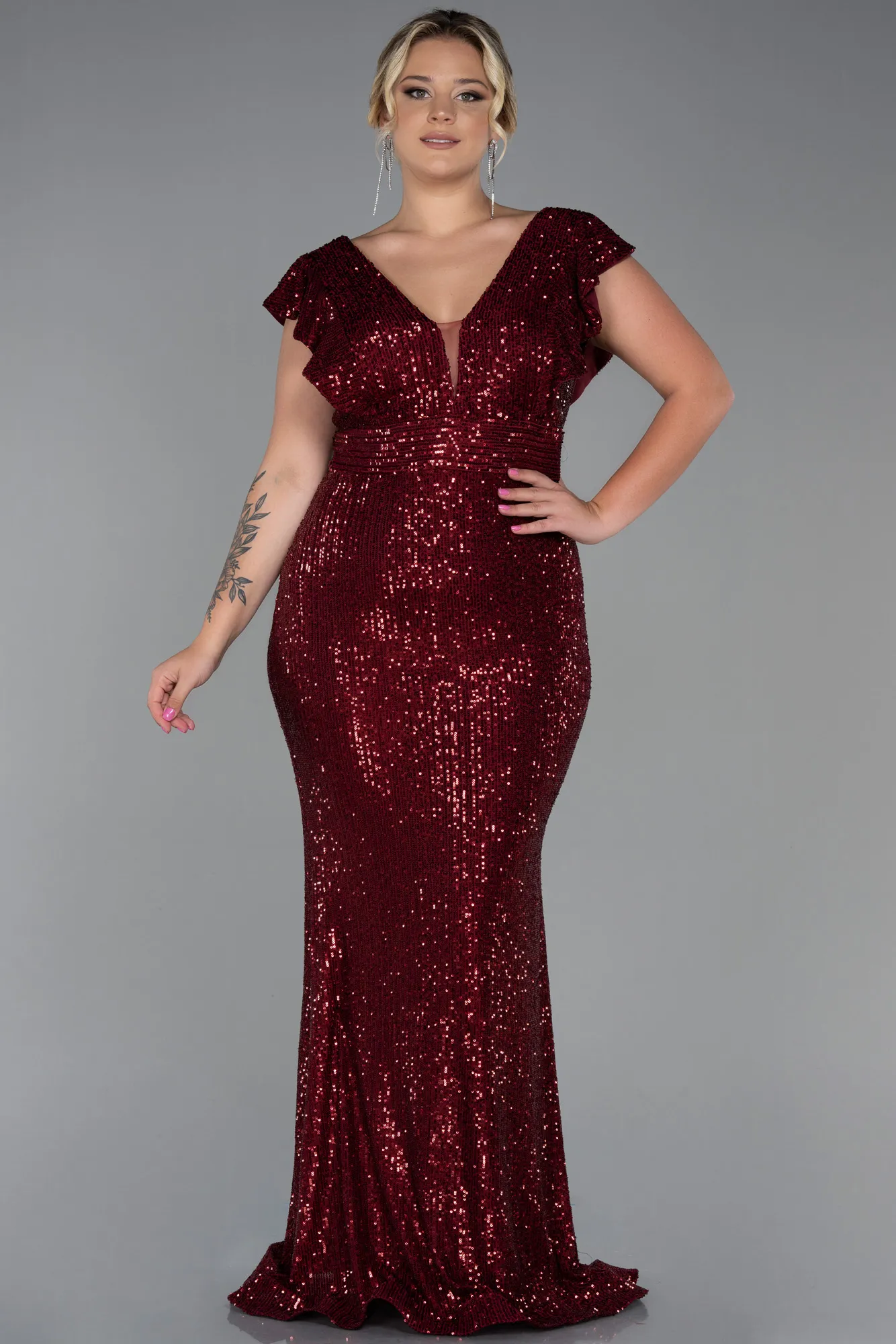 Burgundy-Long Oversized Evening Dress ABU1045
