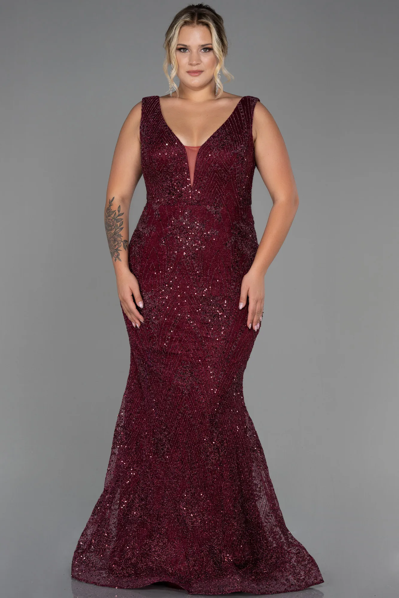 Burgundy-Long Plus Size Evening Dress ABU3214