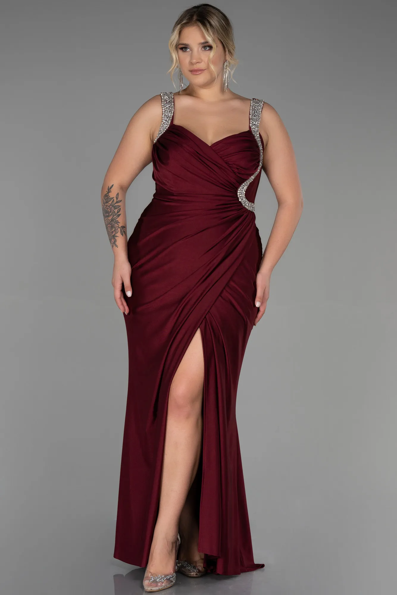 Burgundy-Long Plus Size Evening Dress ABU3271